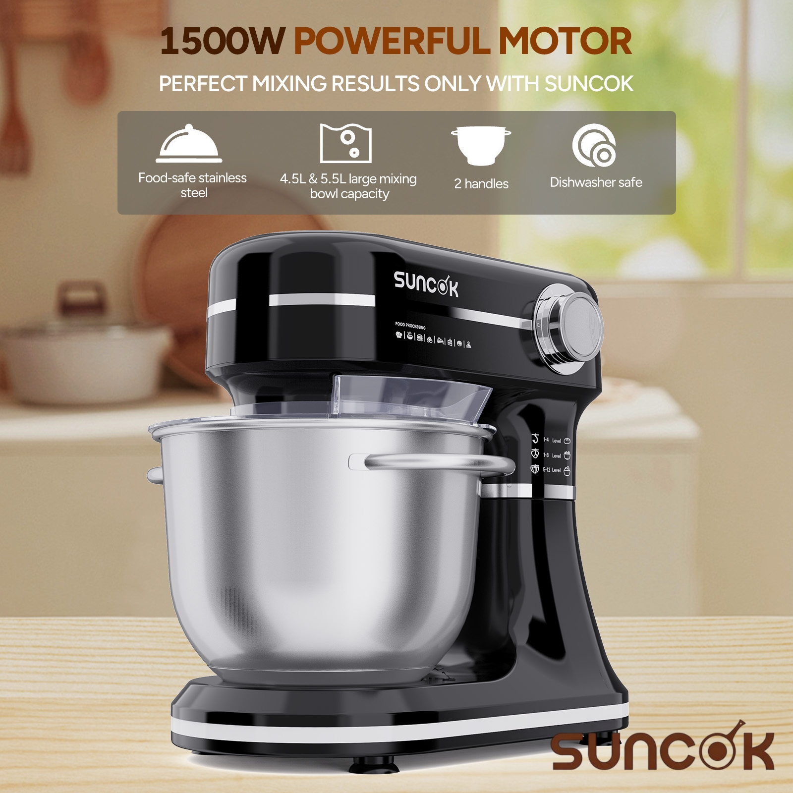 Robot pâtissier noir Suncok avec bol en acier inoxydable sur une table en bois.