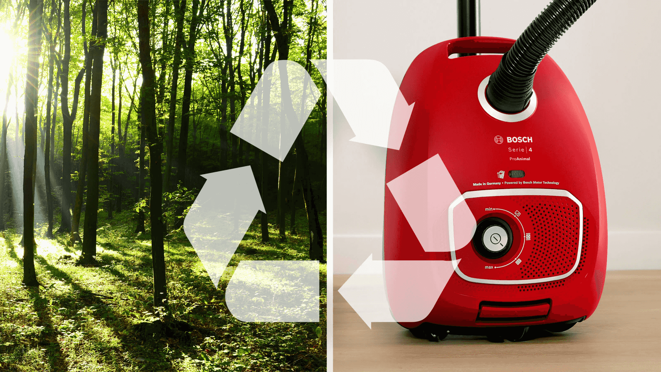 Una imagen dividida muestra un bosque soleado a la izquierda y una aspiradora Bosch roja con un símbolo de reciclaje a la derecha.