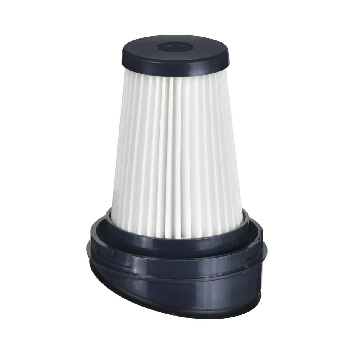 Un filtro per aspirapolvere conico bianco con parti in plastica blu scuro in alto e in basso.