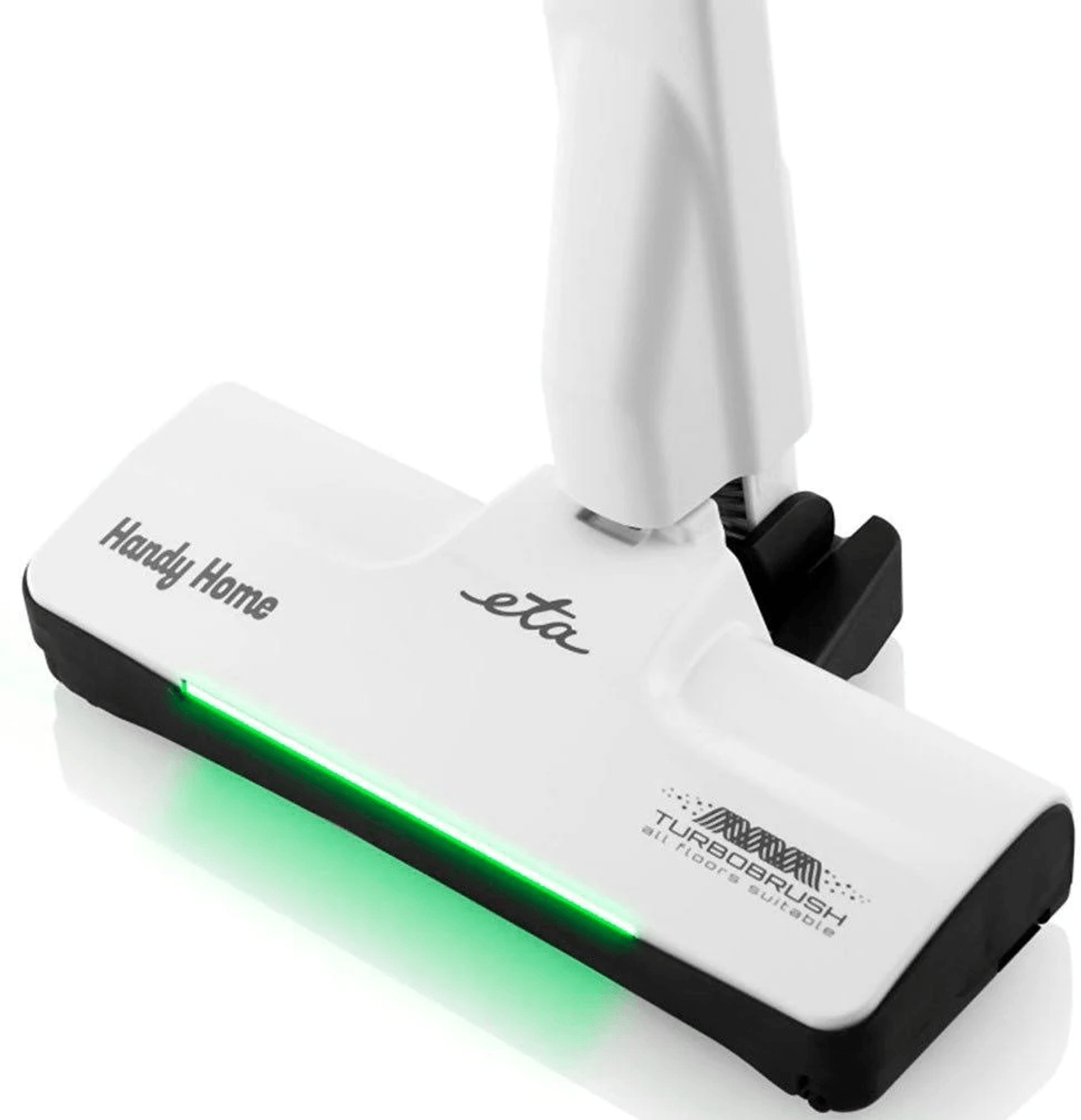 Una bocchetta per pavimenti per aspirapolvere bianca con i marchi eta, Handy Home, Turbo Brush e luce verde.