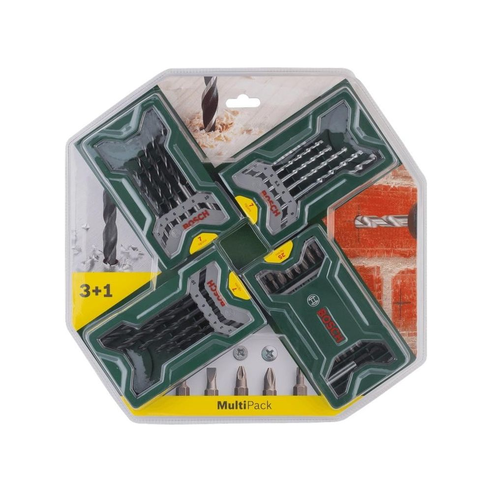 Un Bosch MultiPack contenente quattro set di punte per trapano e inserti per cacciavite in una confezione ottagonale trasparente.