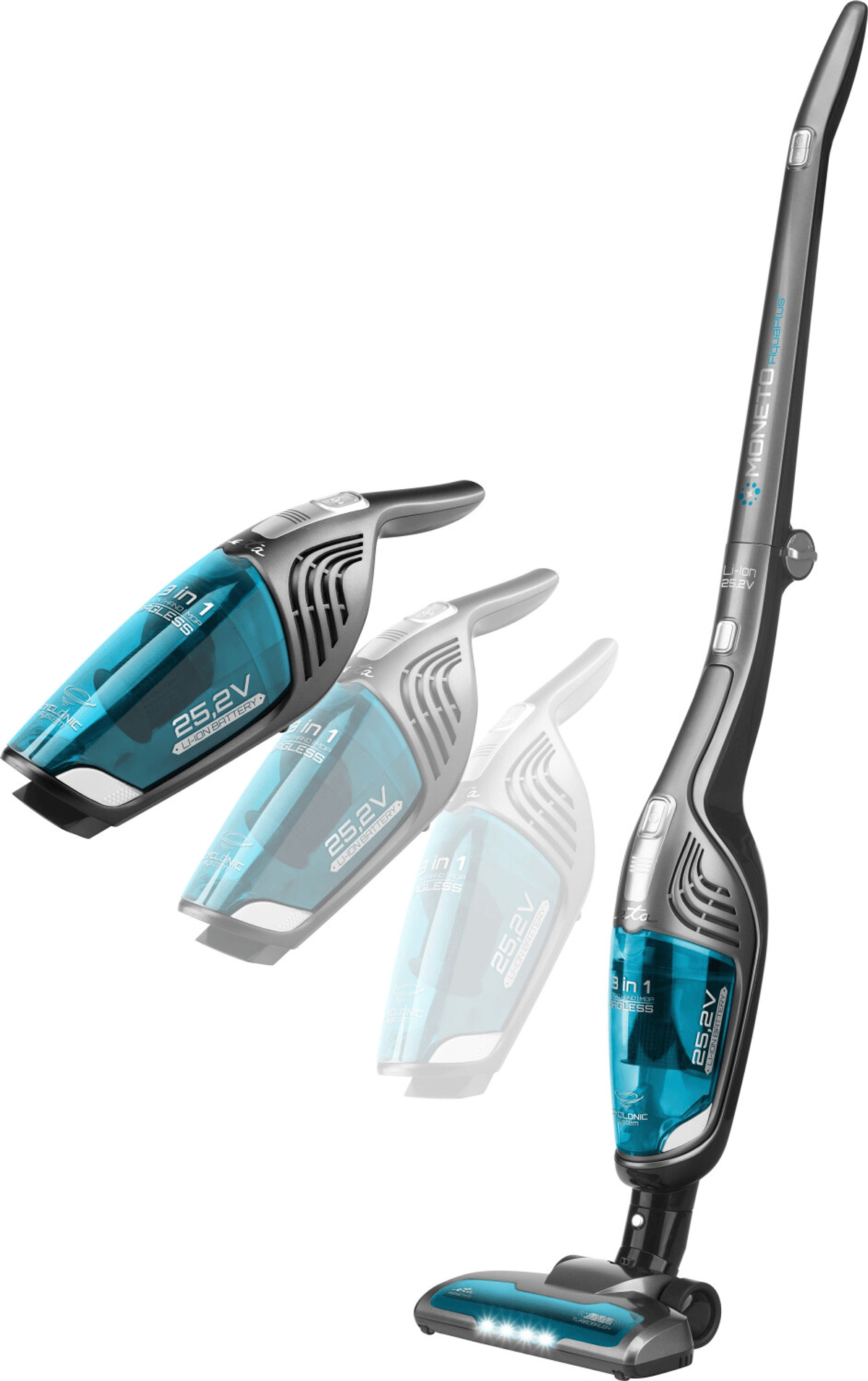Un aspirapolvere senza fili grigio e blu con unità portatile staccabile mostrato in tre fasi di transizione.