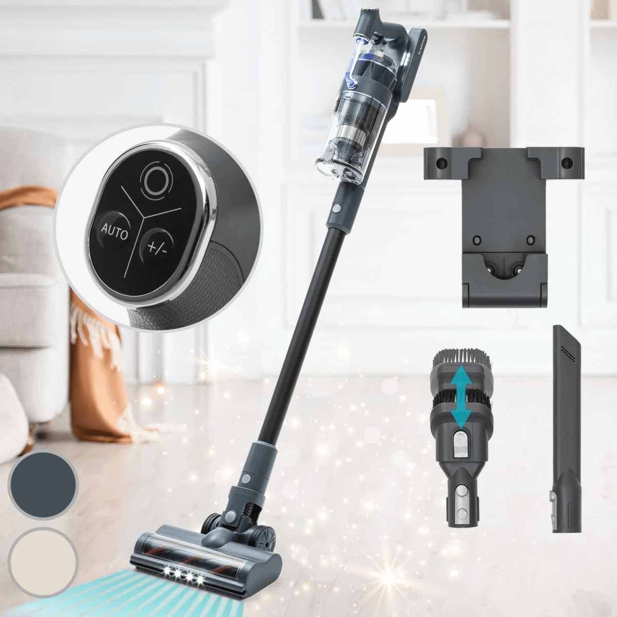 Aspirapolvere senza fili grigio con accessori e display digitale in un soggiorno luminoso.