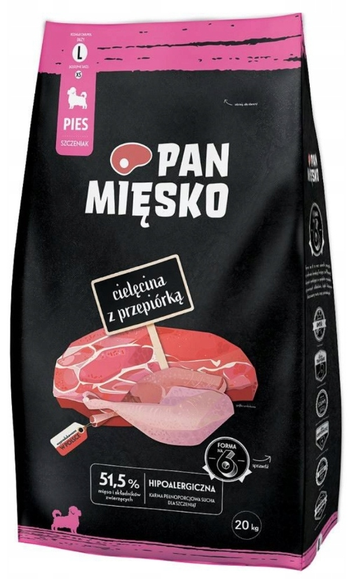 Una bolsa negra y rosa de comida para cachorros Pan Miesko, con ilustraciones de carne y un cartel que dice 'cielęcina z przepiórką'.
