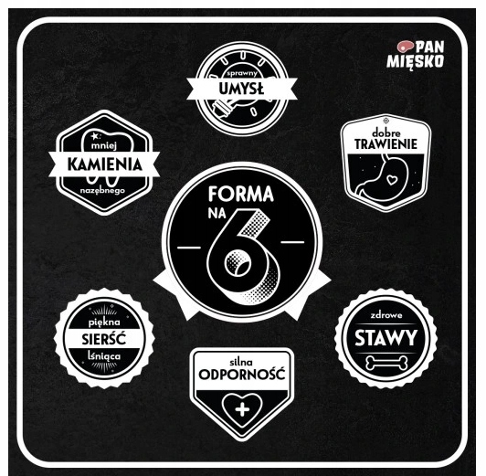 Fondo negro con insignias circulares y en forma de escudo en blanco que detallan beneficios de salud como inmunidad y articulaciones.