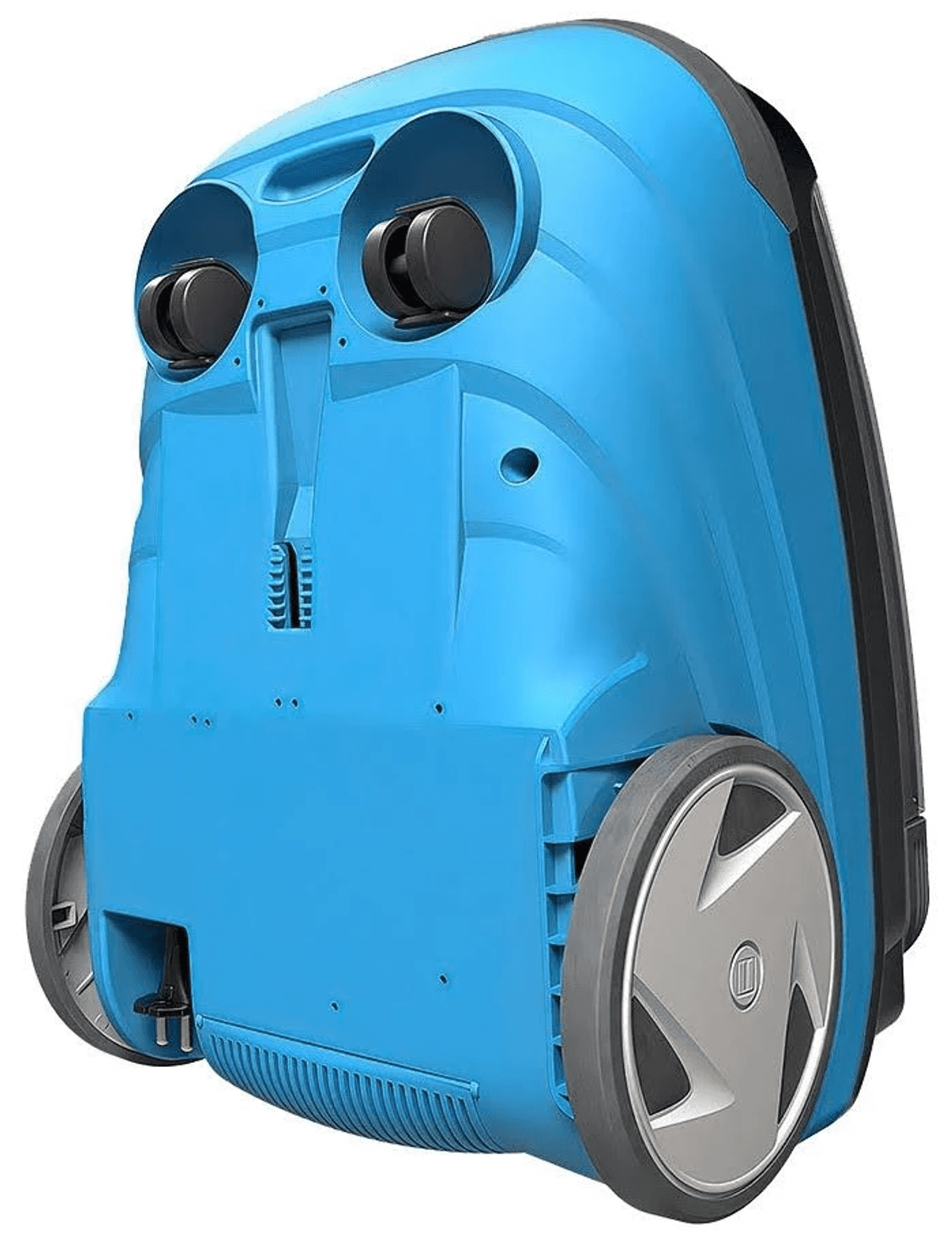 Blaue Reinigungsmaschine von unten mit großen Rädern und kleinen Lenkrollen auf weißem Hintergrund.