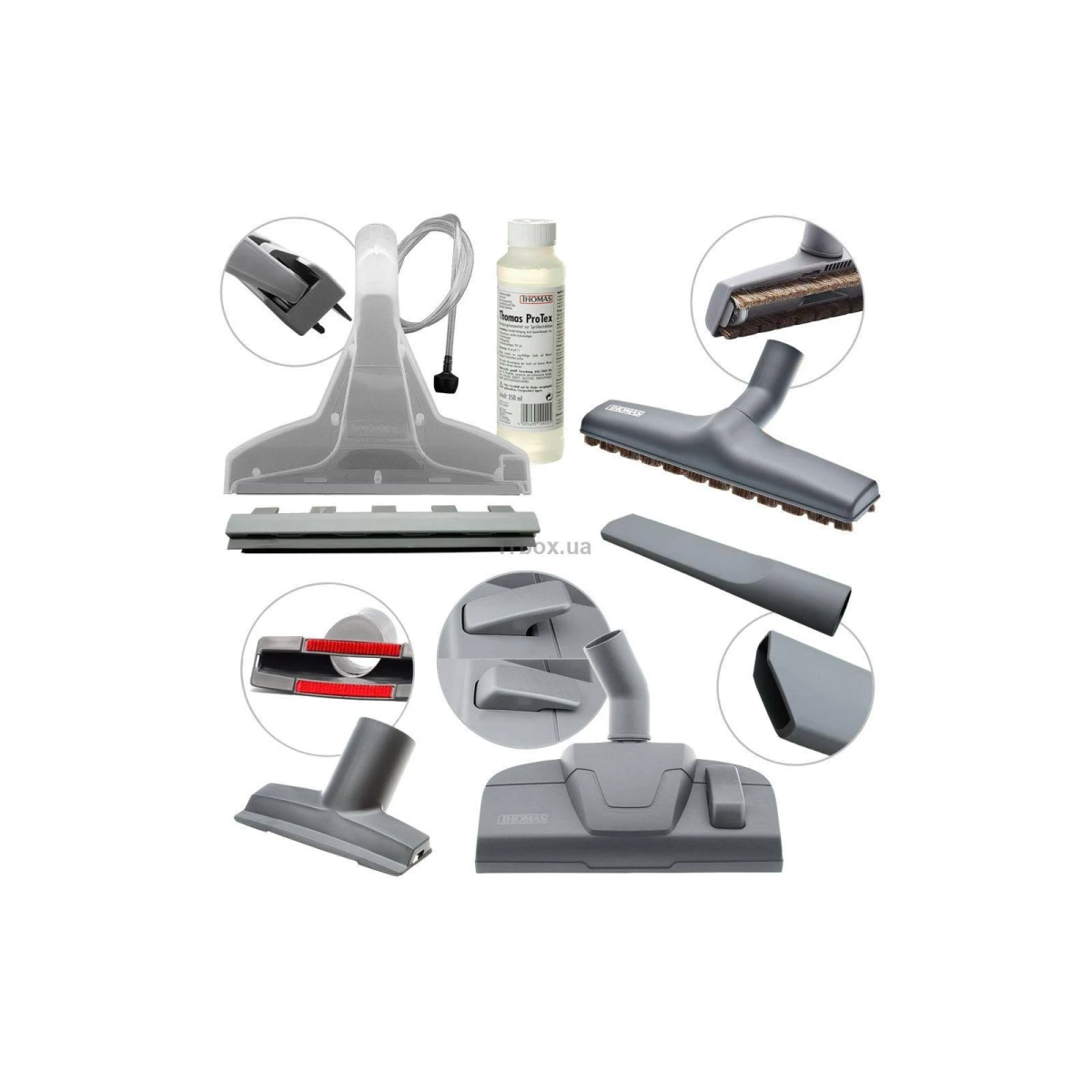 Conjunto de accesorios de aspiradora gris con accesorios, mangueras, cepillos y una botella de detergente.