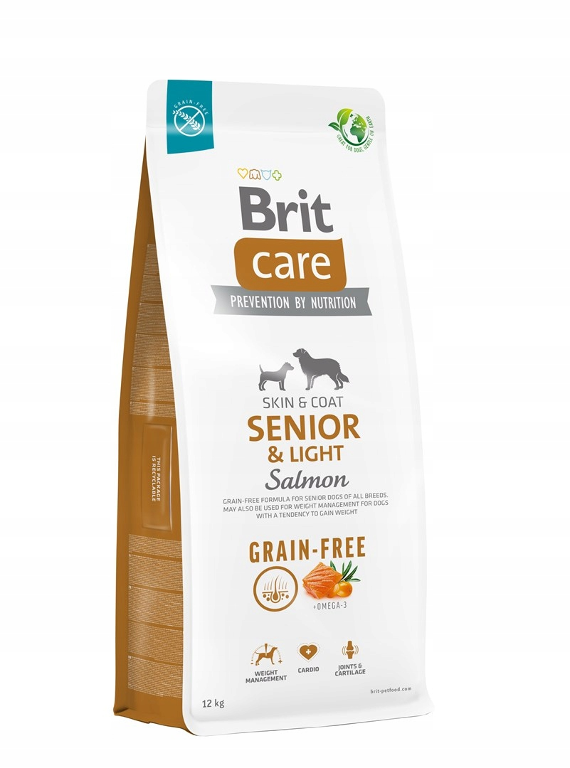 Bolsa de comida para perros Brit Care blanca y marrón, 12 kg, para perros sénior y ligeros con salmón, sin grano.