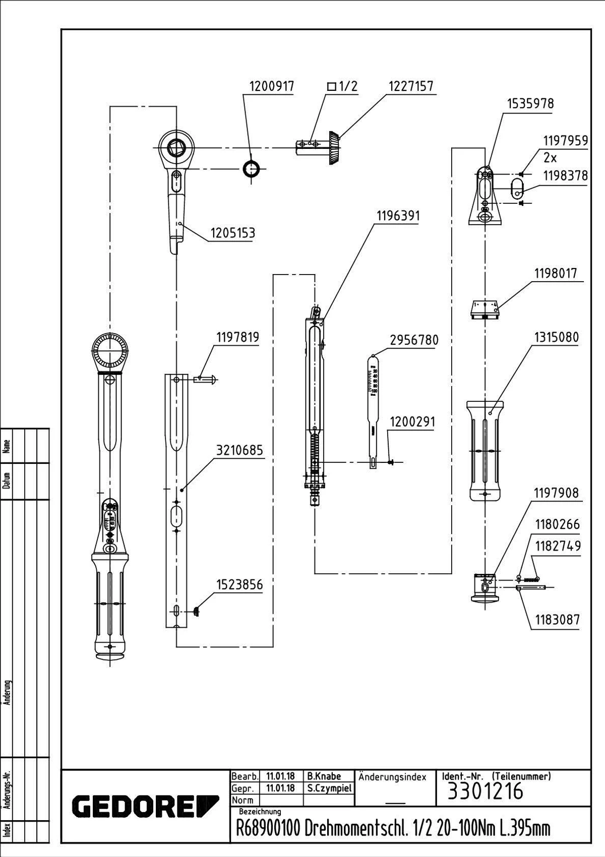 Disegno tecnico esploso di una chiave dinamometrica Gedore con parti numerate.