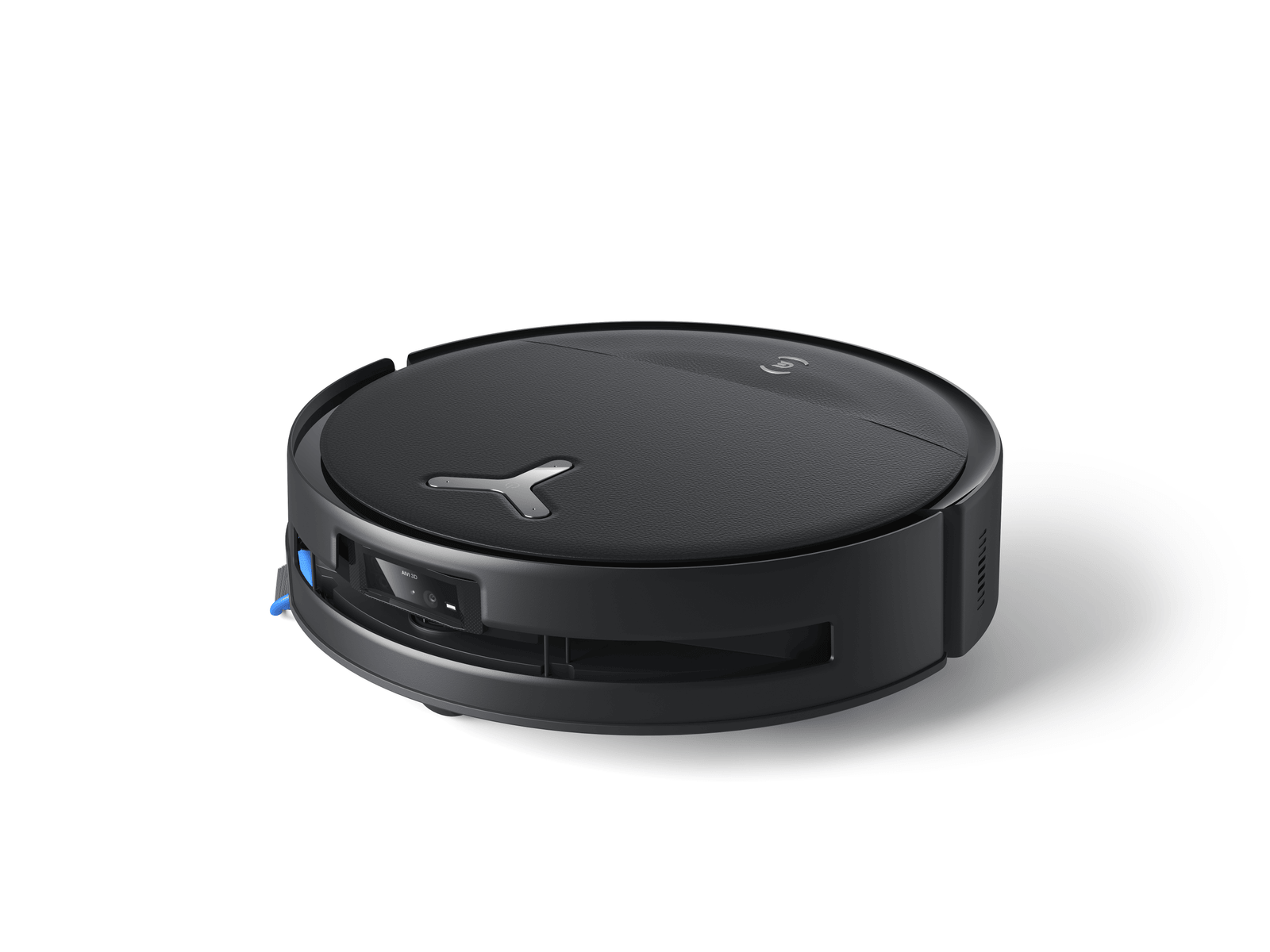 Un robot aspirador negro sobre fondo blanco, con parte superior texturizada y sensor de cámara frontal.
