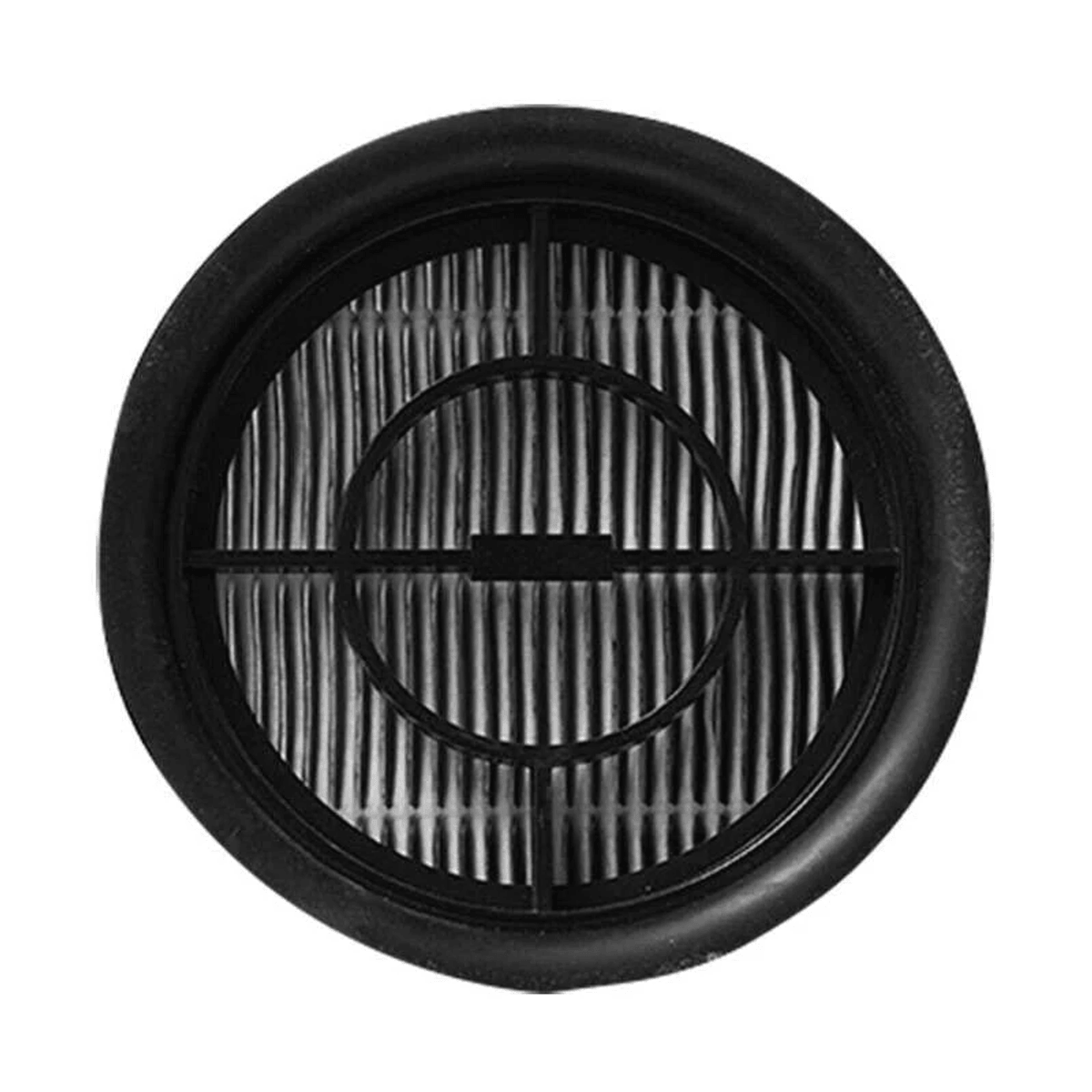 Filtro per aspirapolvere nero rotondo con struttura plisettata e griglia protettiva in plastica.