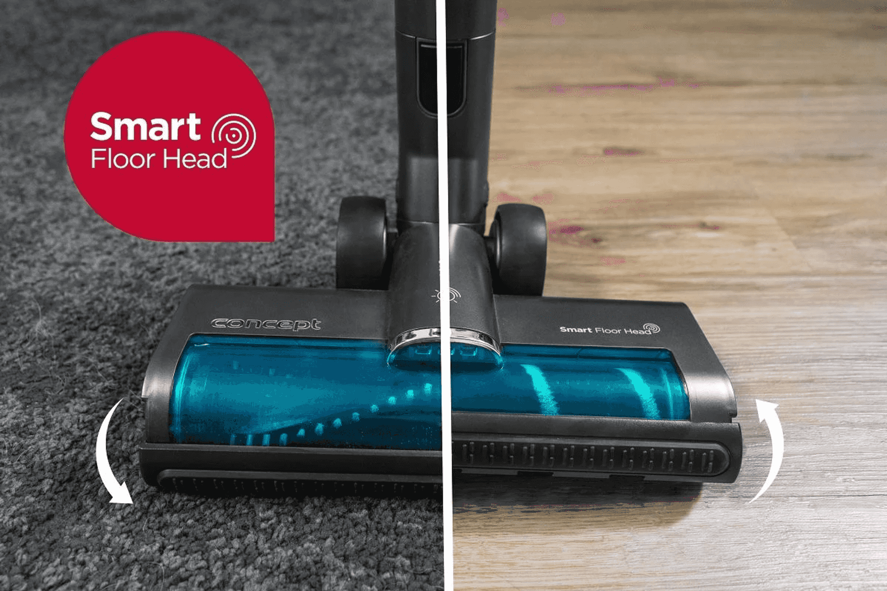 Una testina aspirapolvere Concept con rullo blu pulisce il tappeto a sinistra e il parquet a destra.