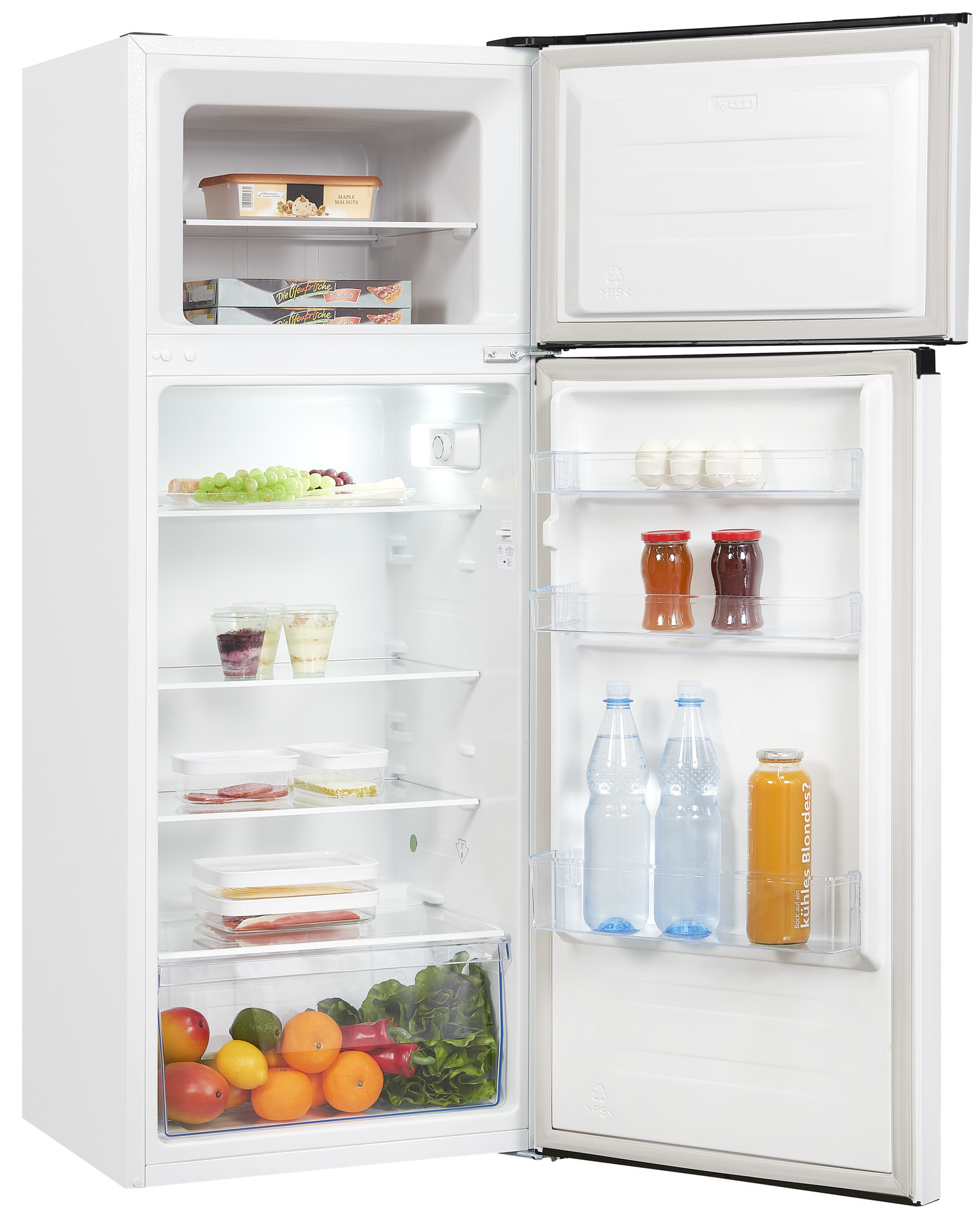 Un refrigerador blanco con las puertas abiertas, lleno de comida, bebidas y frutas.