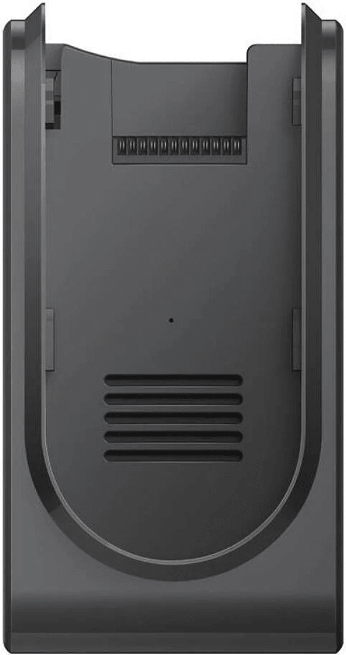 Base per caricabatterie in plastica nera con contatti elettrici e fessure di ventilazione.