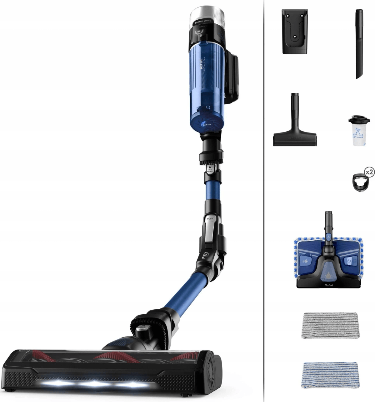Aspirapolvere senza fili blu con tubo flessibile, spazzola illuminata e vari accessori.