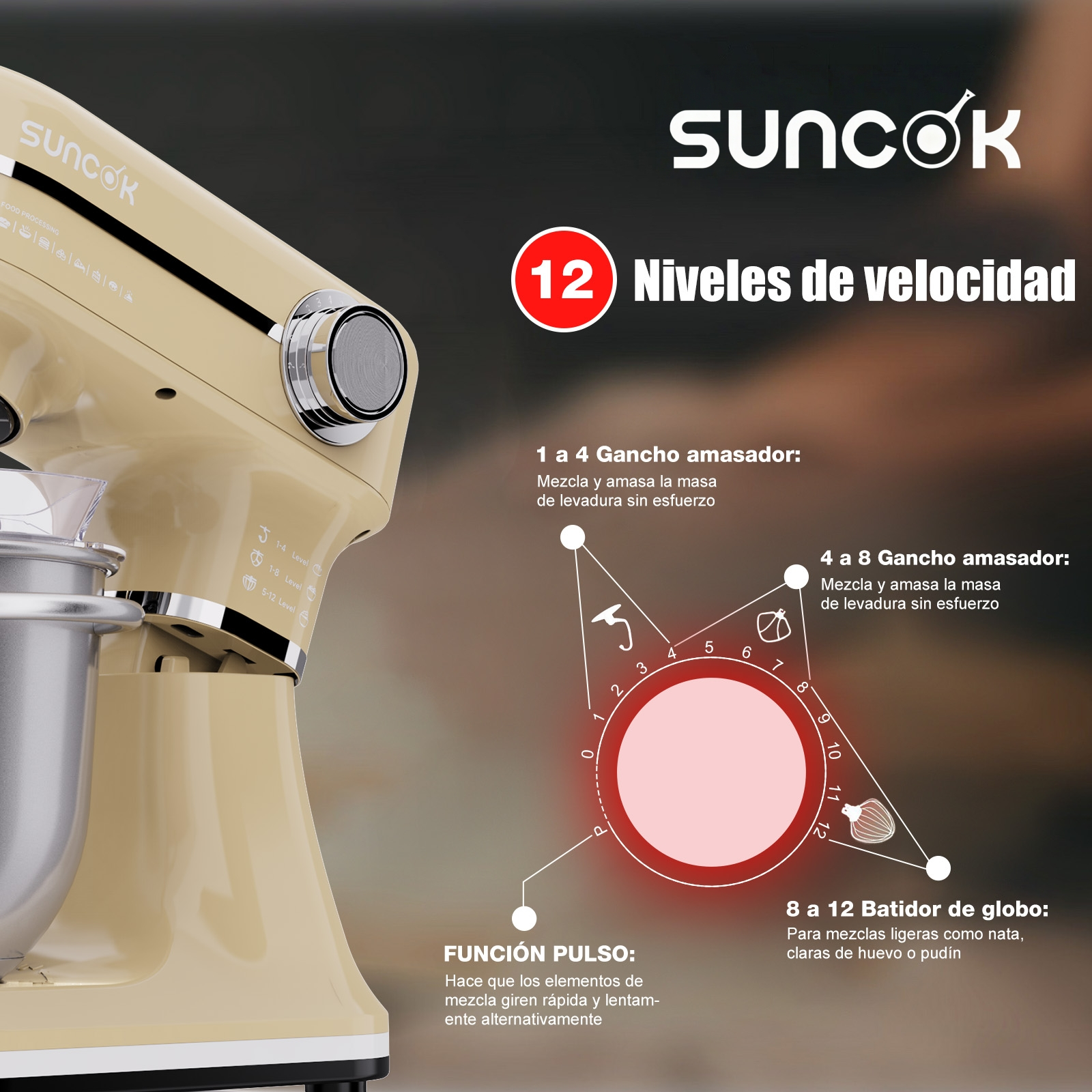 Batidora de pie Suncok beige con ajustes de velocidad del 1 al 12 y funciones.