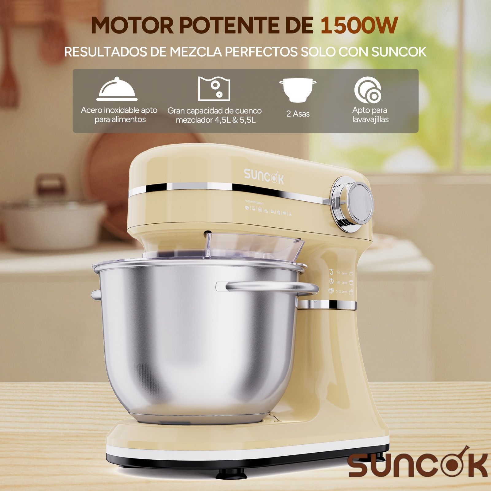 Batidora amasadora Suncok beige con bol de acero inoxidable sobre superficie de madera y cocina borrosa.