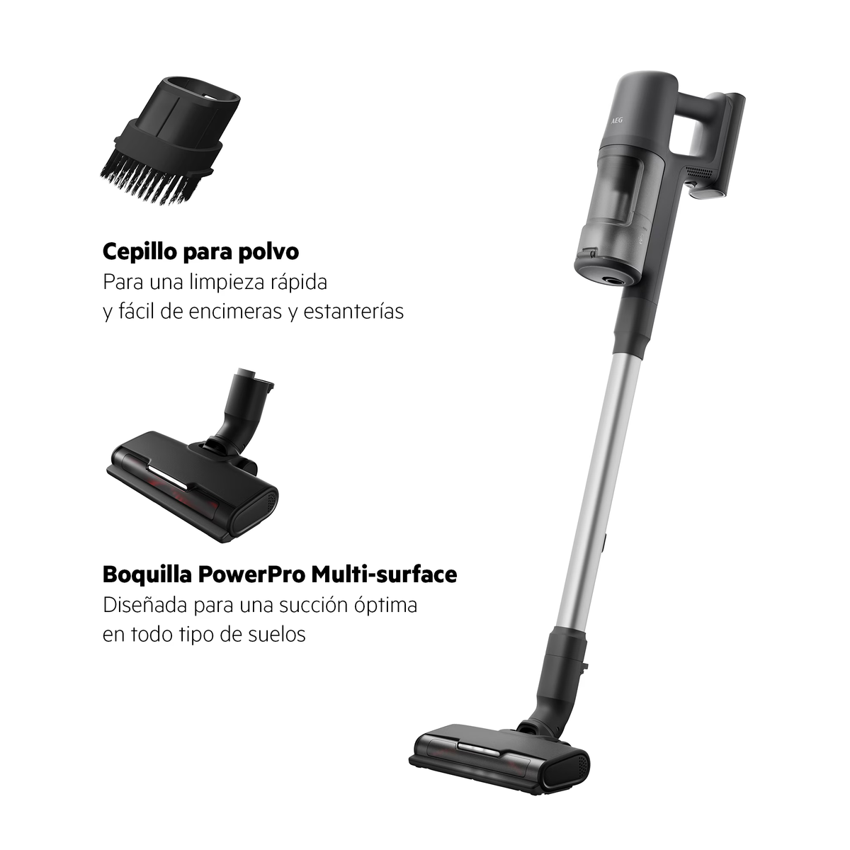 Un aspirapolvere a batteria grigio con spazzola per polvere e spazzola PowerPro in spagnolo.