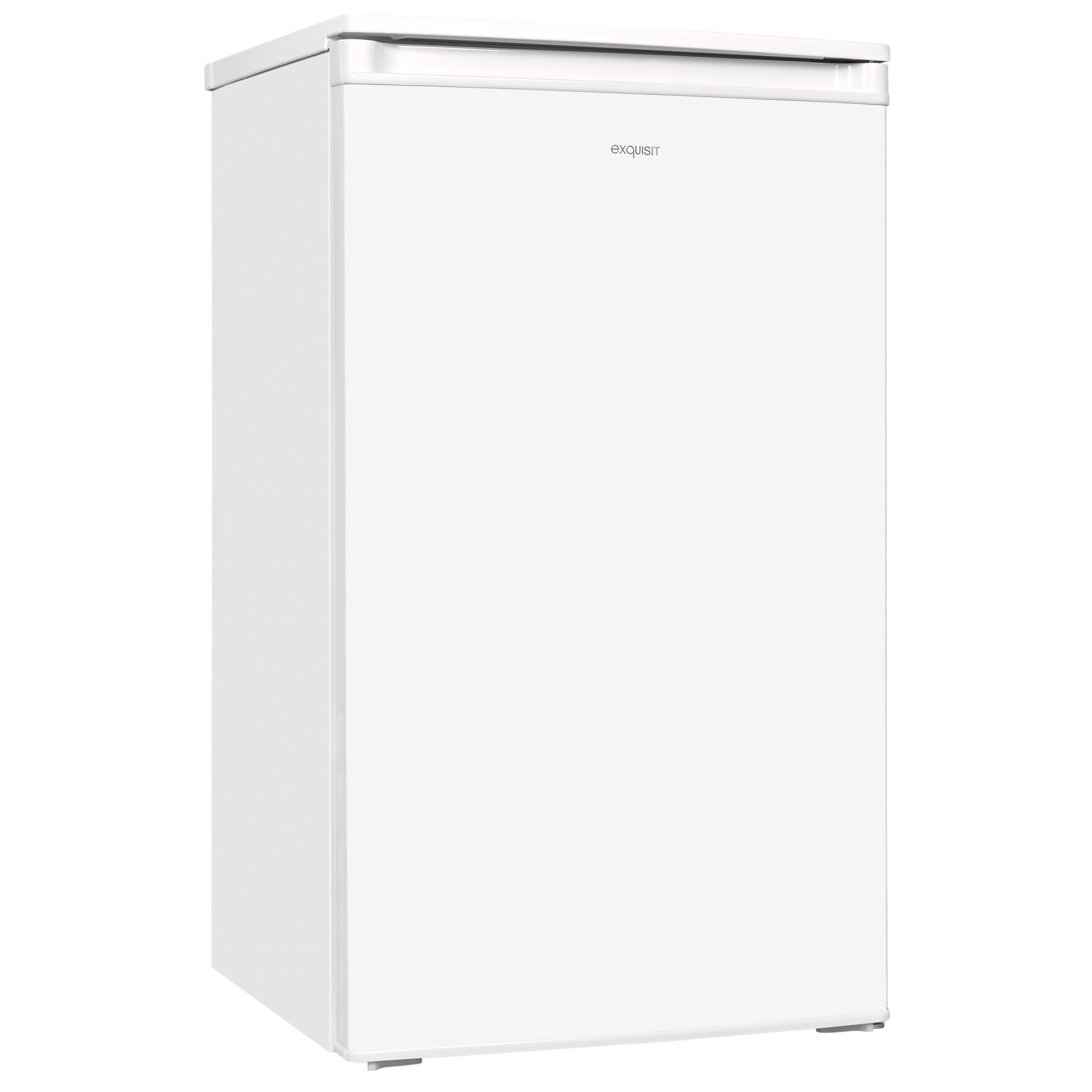 Un refrigerador Exquisit blanco y compacto con la puerta cerrada sobre fondo blanco.