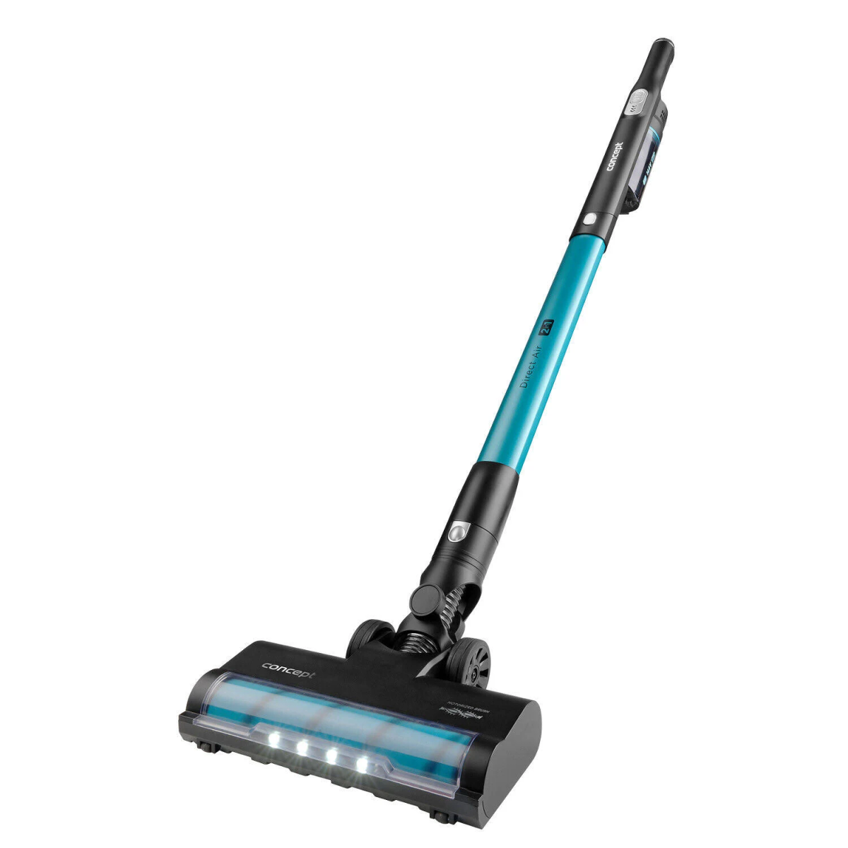 Un moderno aspirapolvere senza fili blu e nero con spazzola illuminata su sfondo bianco.