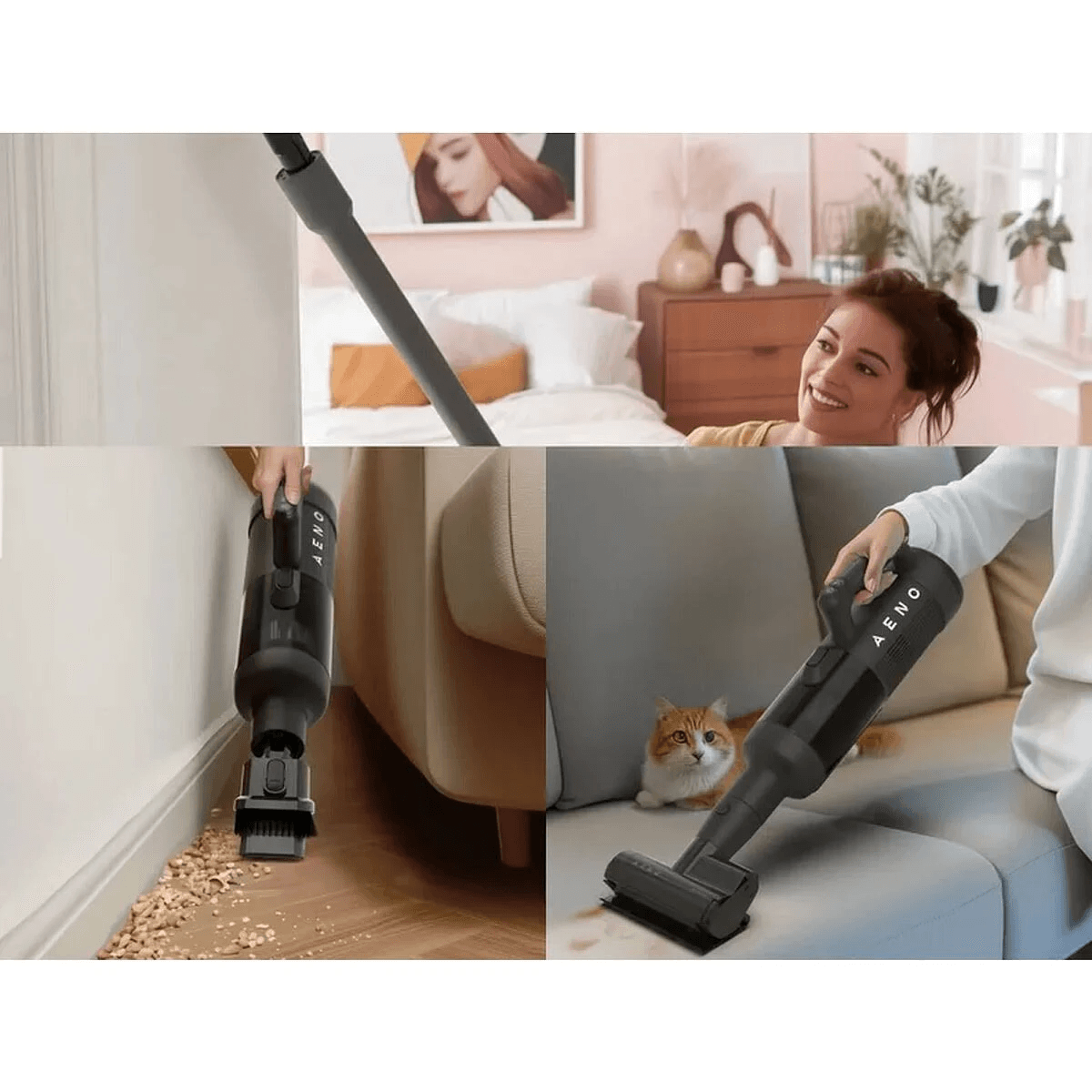 Una donna usa un aspirapolvere AENO in camera da letto, pulendo il pavimento e un divano vicino a un gatto.