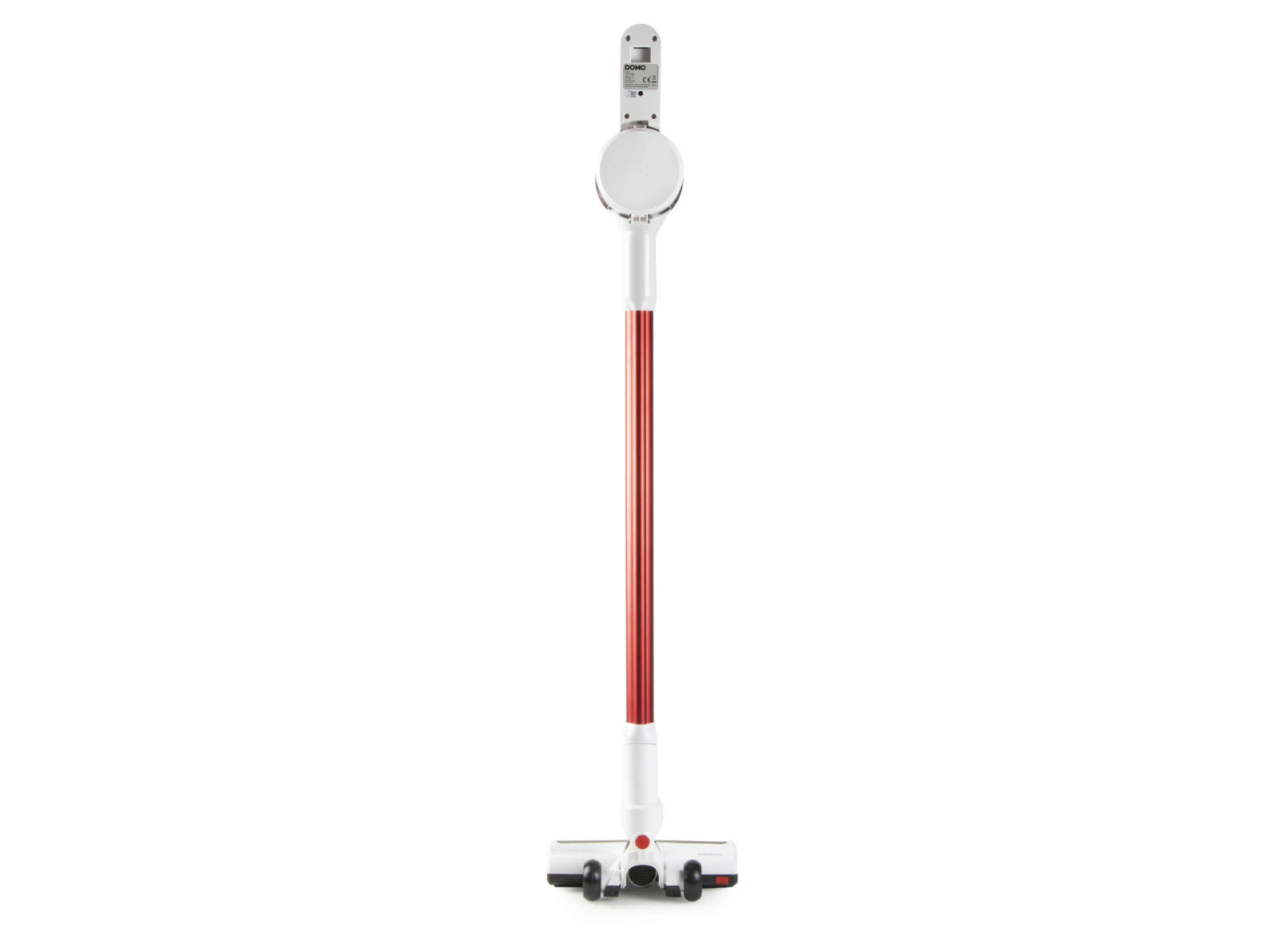 Un aspirapolvere senza fili bianco e rosso su sfondo bianco.