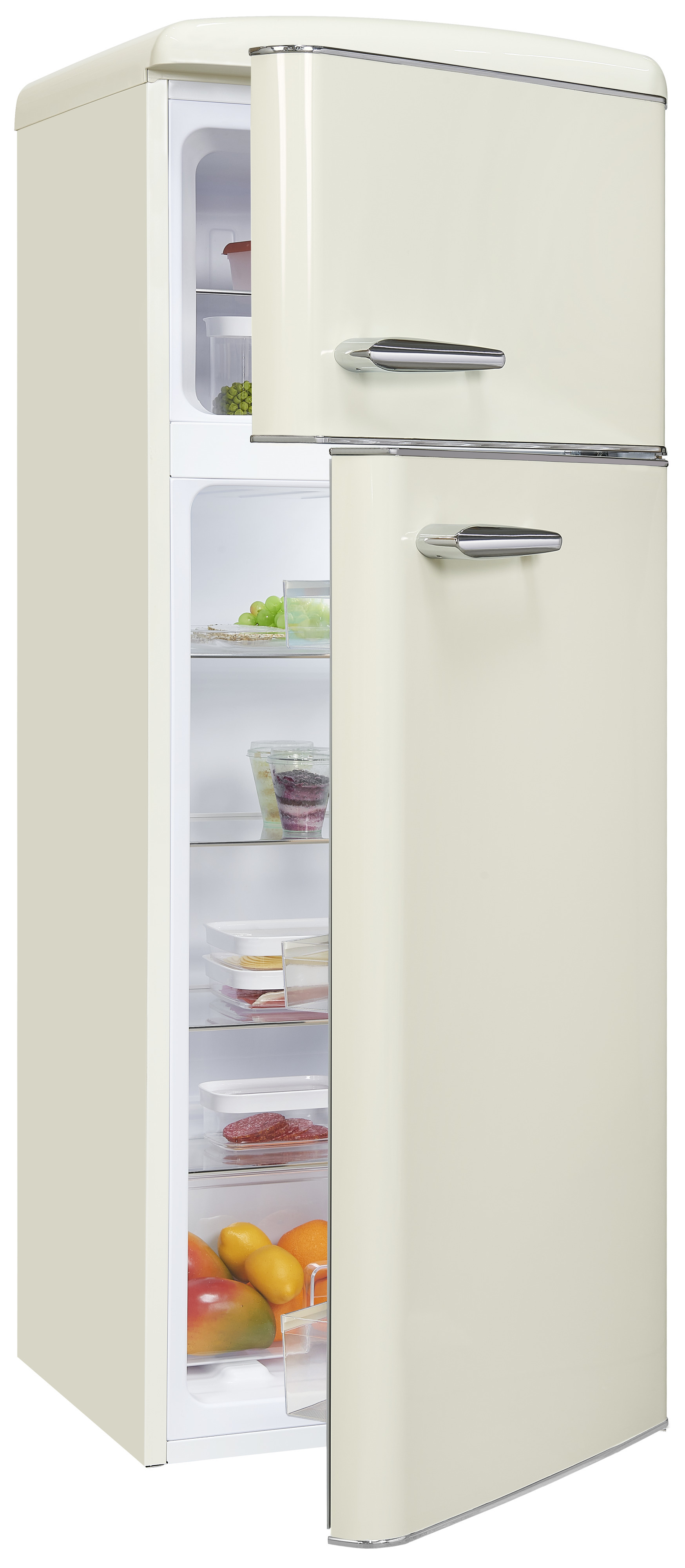 Ein beiger Kühlschrank im Retro-Stil mit geöffneten Türen und Lebensmitteln.