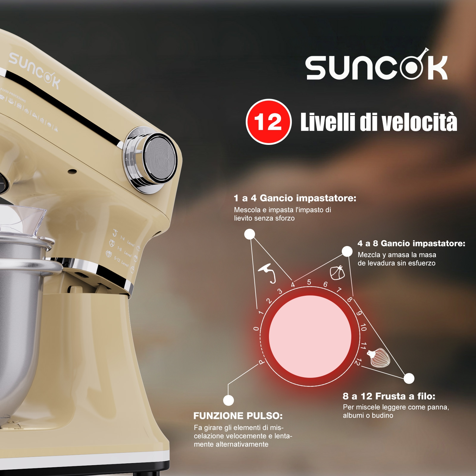 Impastatrice Suncok beige con 12 livelli di velocità e guida.