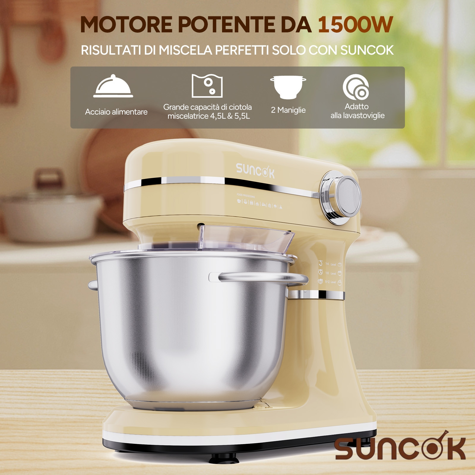 Una planetaria Suncok beige con ciotola in acciaio inox su un piano di lavoro in legno.
