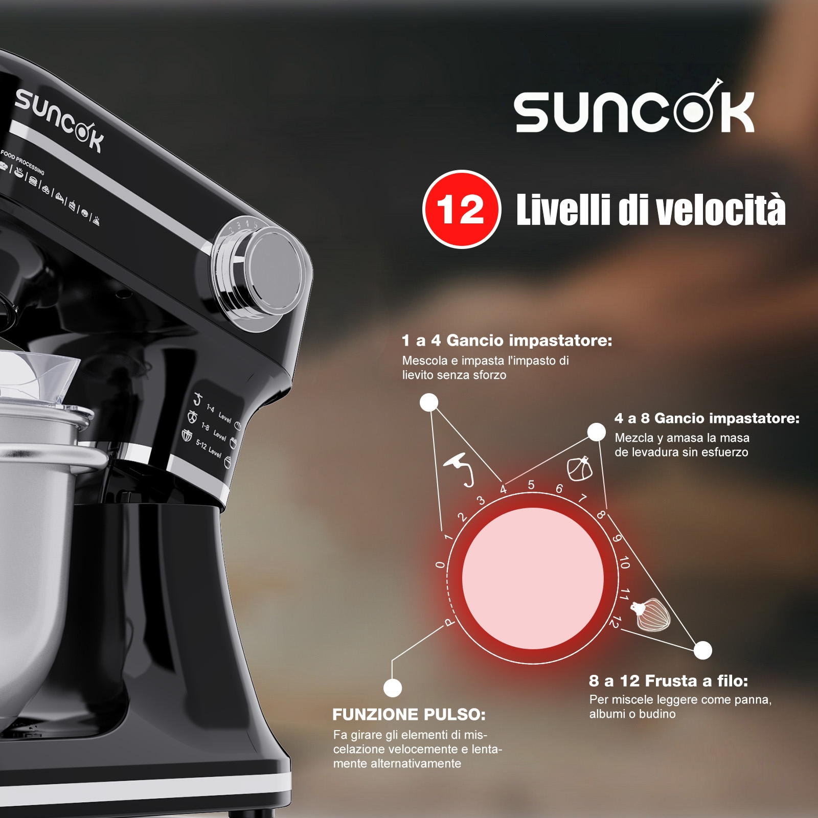 Impastatrice Suncok nera con indicazione dei 12 livelli di velocità e accessori.