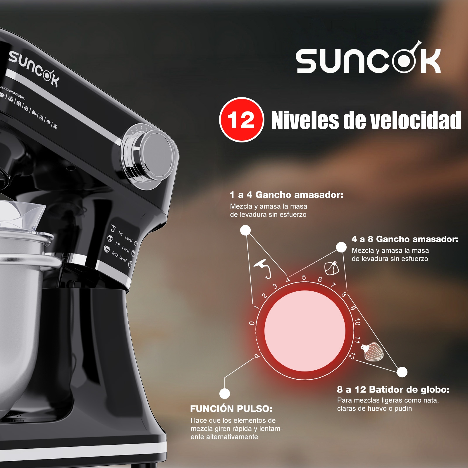 Una batidora de pie Suncok negra con una guía de sus 12 niveles de velocidad.