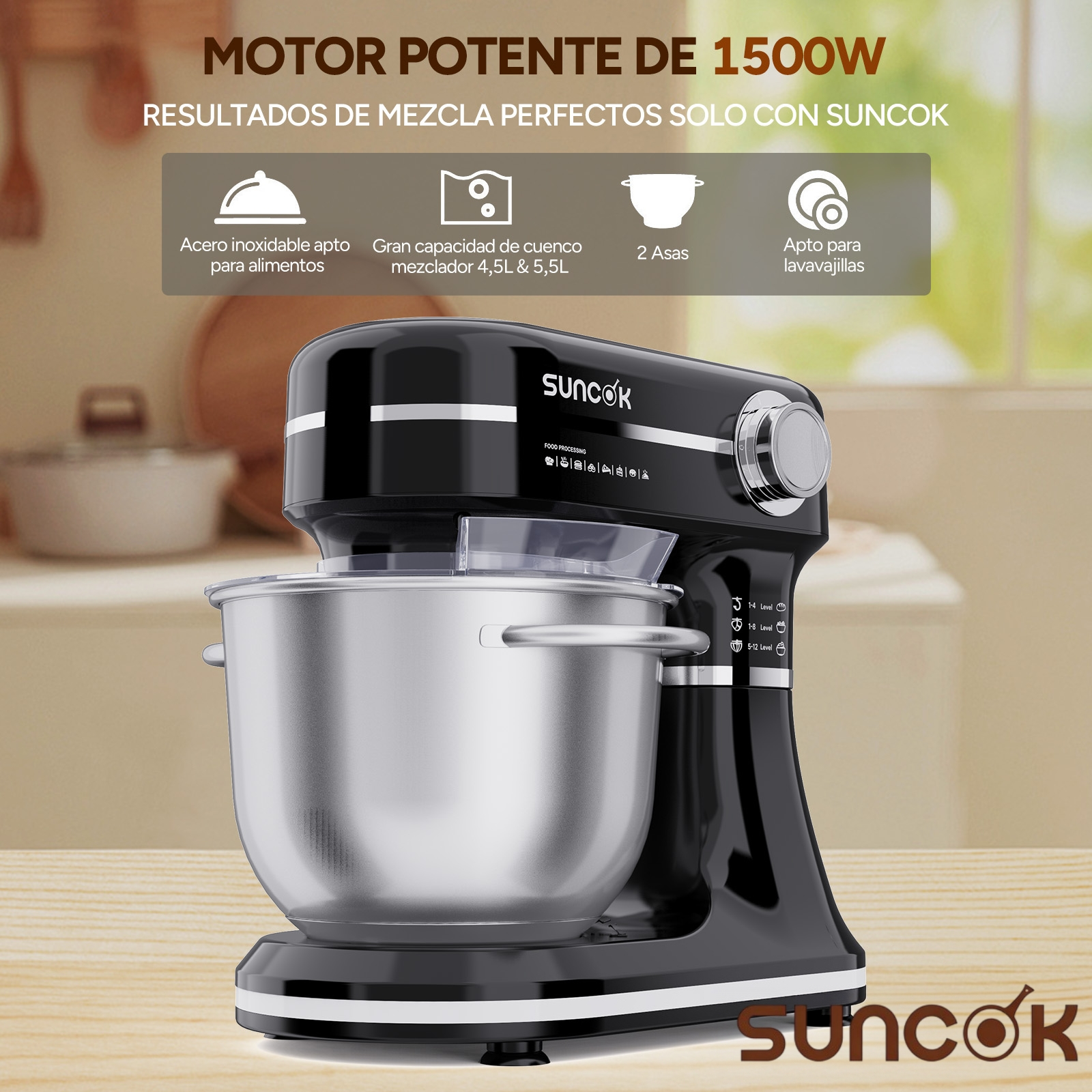 Batidora de pie Suncok negra con bol de acero inoxidable en mesa de madera.