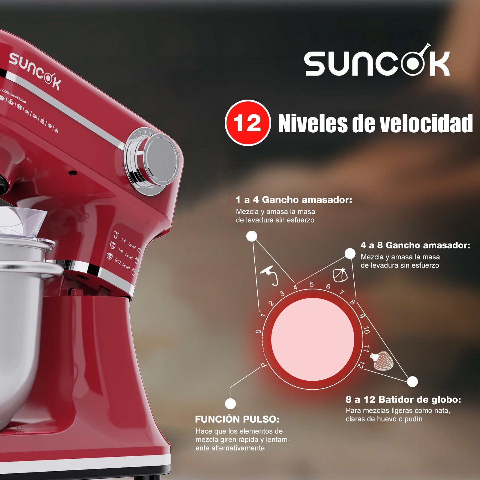 Batidora de pie Suncok roja con detalles de sus 12 niveles de velocidad.