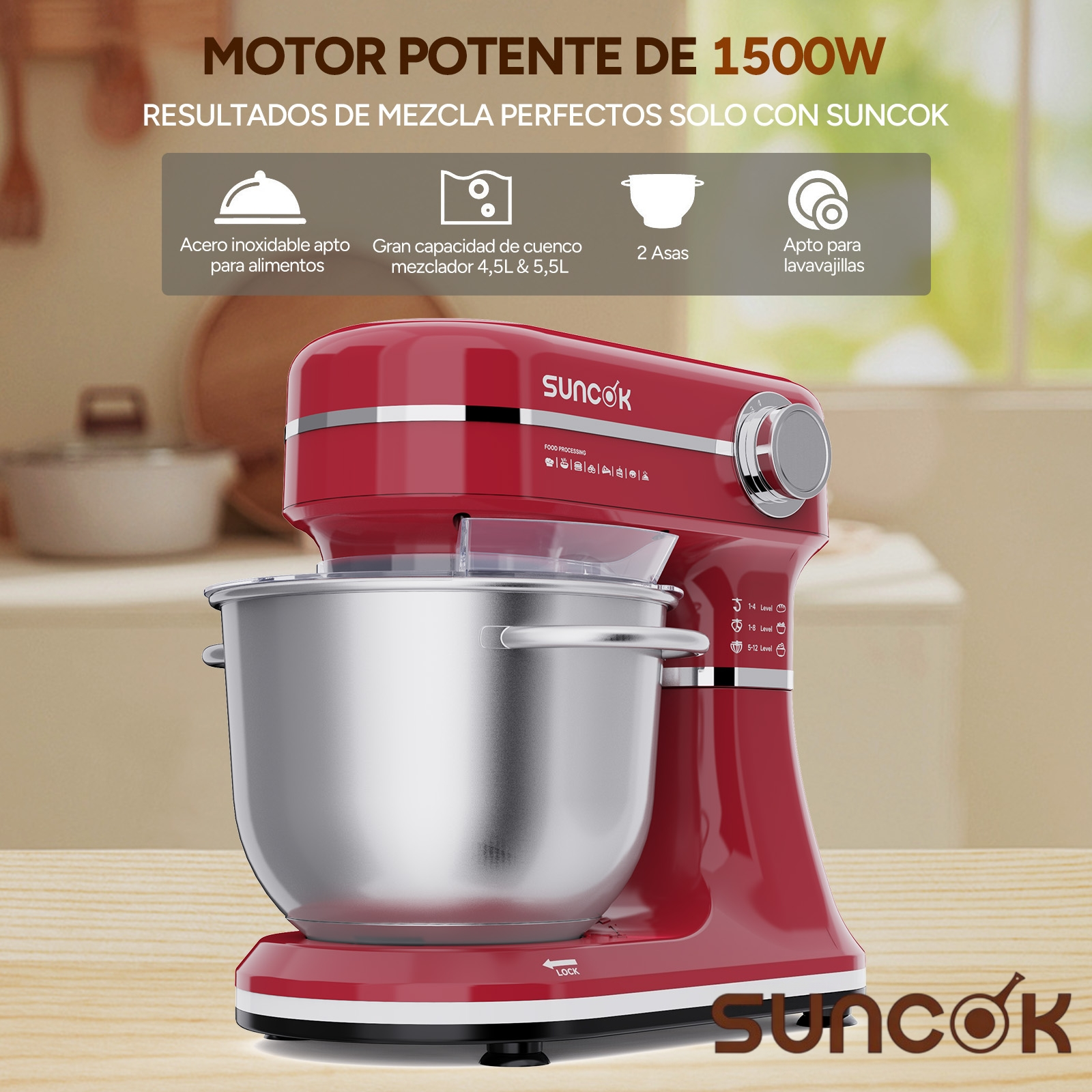 Batidora de pie roja Suncok con bol de acero en mesa de cocina de madera.