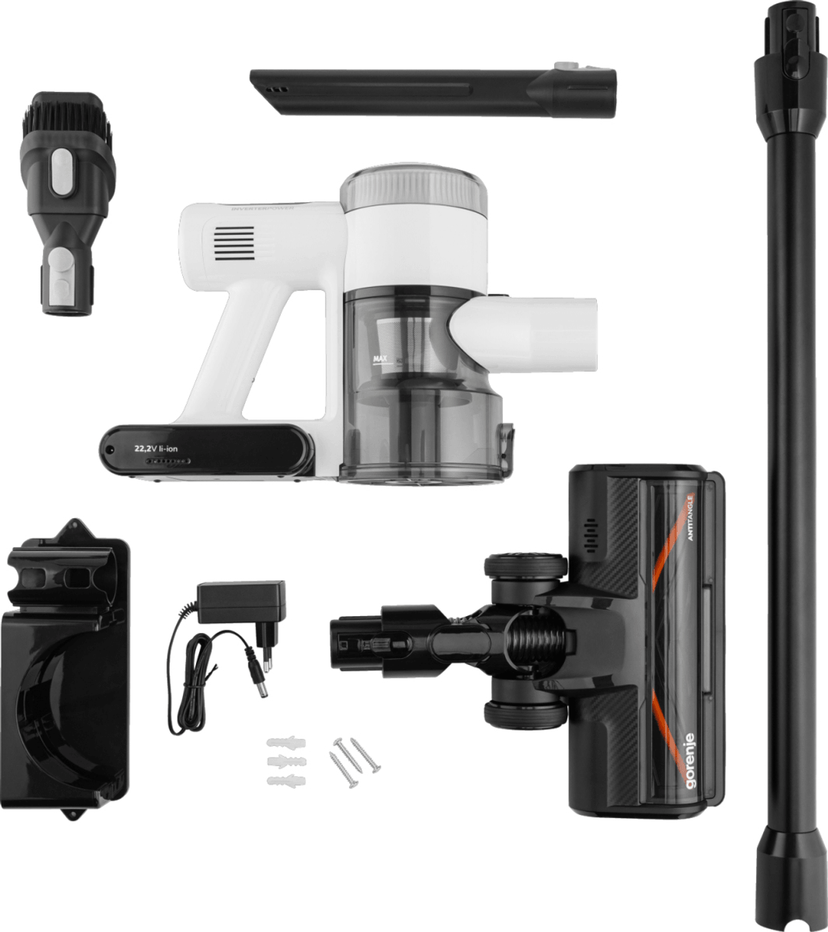 Aspirateur balai sans fil blanc et noir avec divers accessoires, chargeur et support mural sur fond blanc.