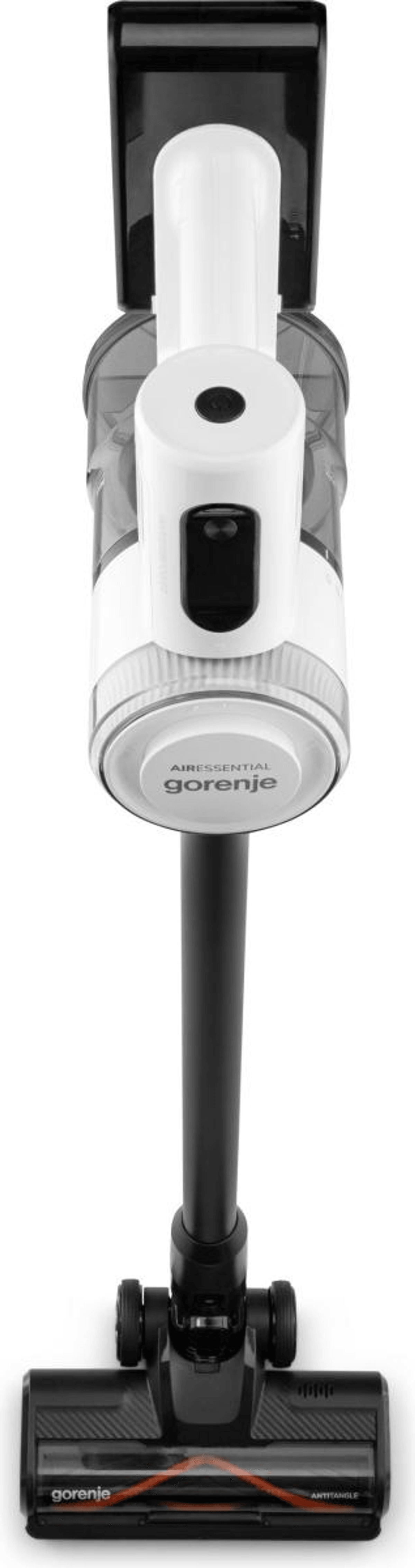 Un aspirateur balai sans fil Gorenje blanc et noir avec bac à poussière transparent sur fond blanc.