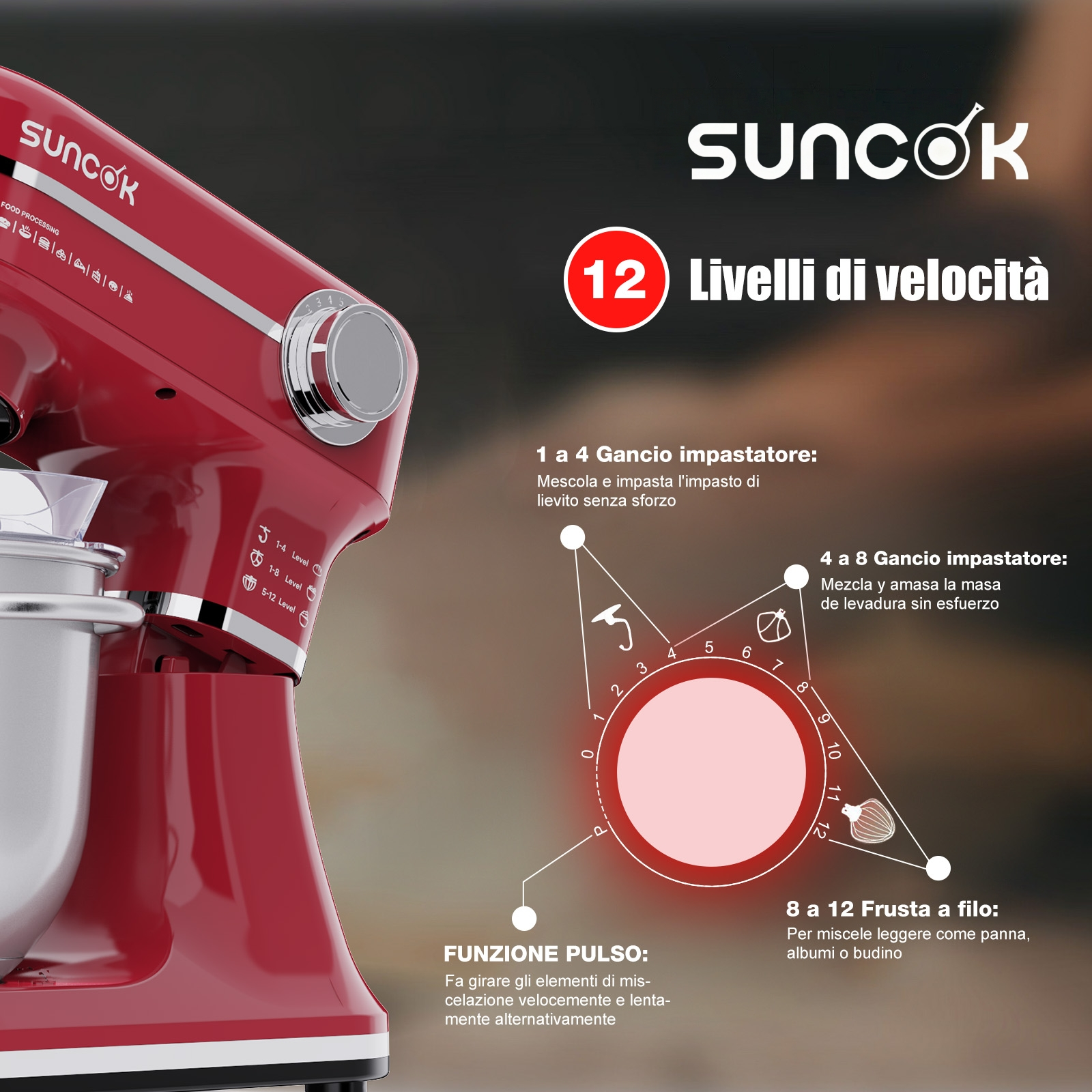 Una planetaria rossa Suncok con 12 livelli di velocità e uno schema funzionale.