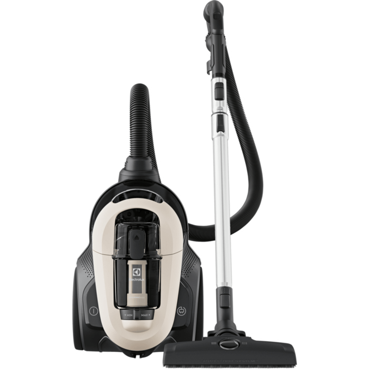 Aspirapolvere a traino beige e nero con tubo flessibile e rigido su bianco.
