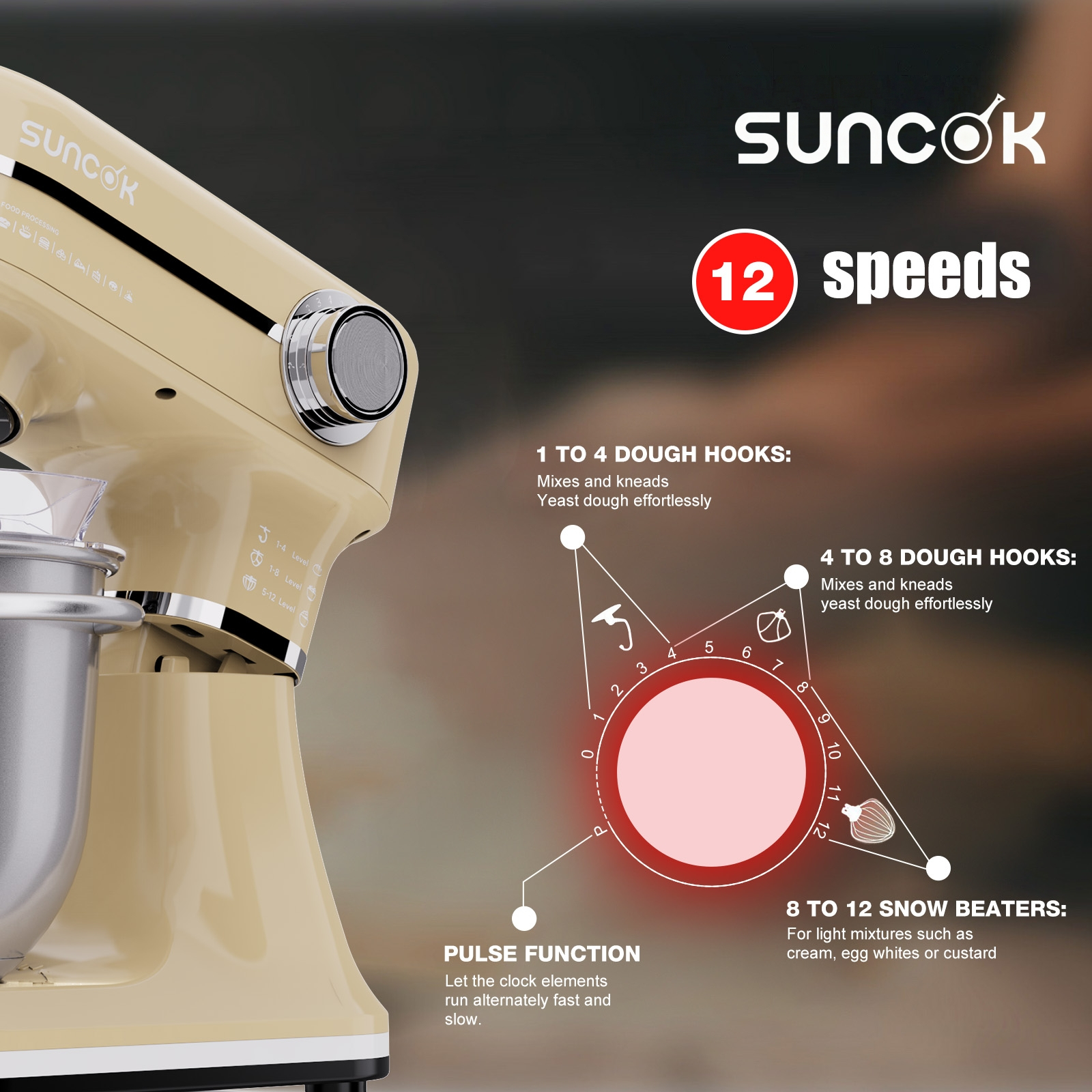 Robot sur socle jaune Suncok avec 12 vitesses et diagramme des accessoires.