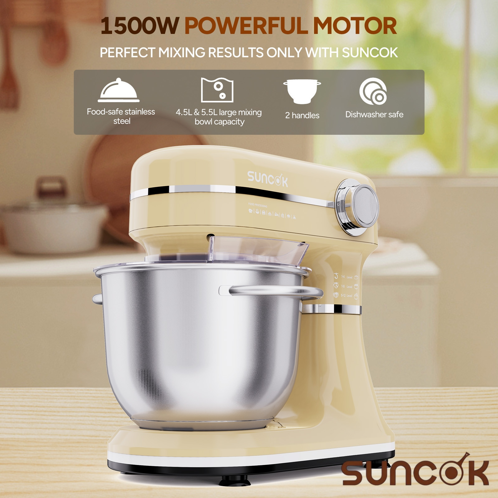 Robot pâtissier Suncok beige avec bol en acier inoxydable sur une table en bois.