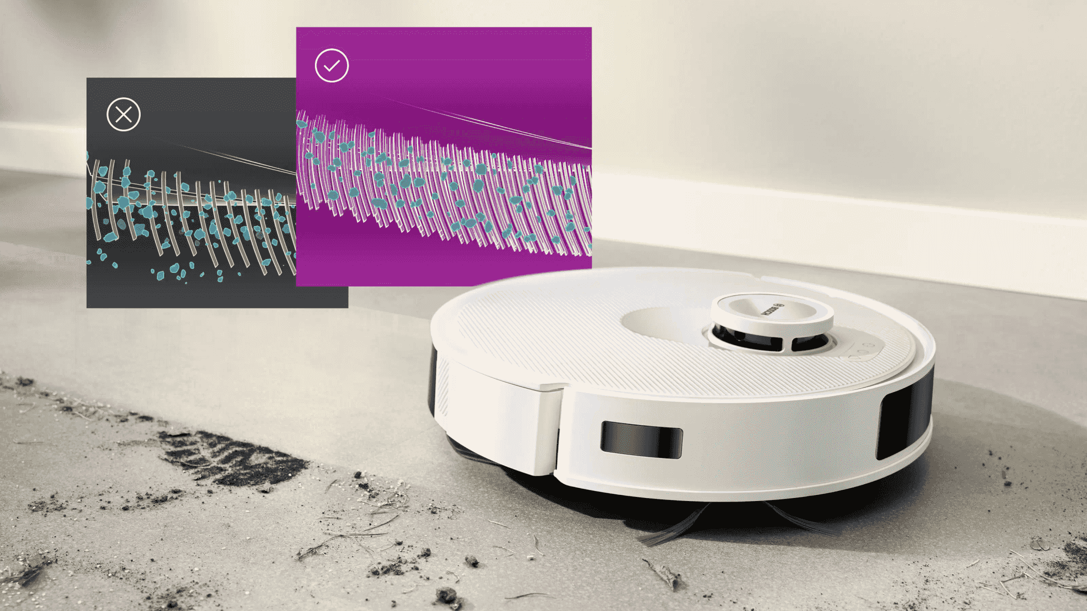 Un robot aspirador blanco en un suelo sucio con dos diagramas insertados que comparan resultados.