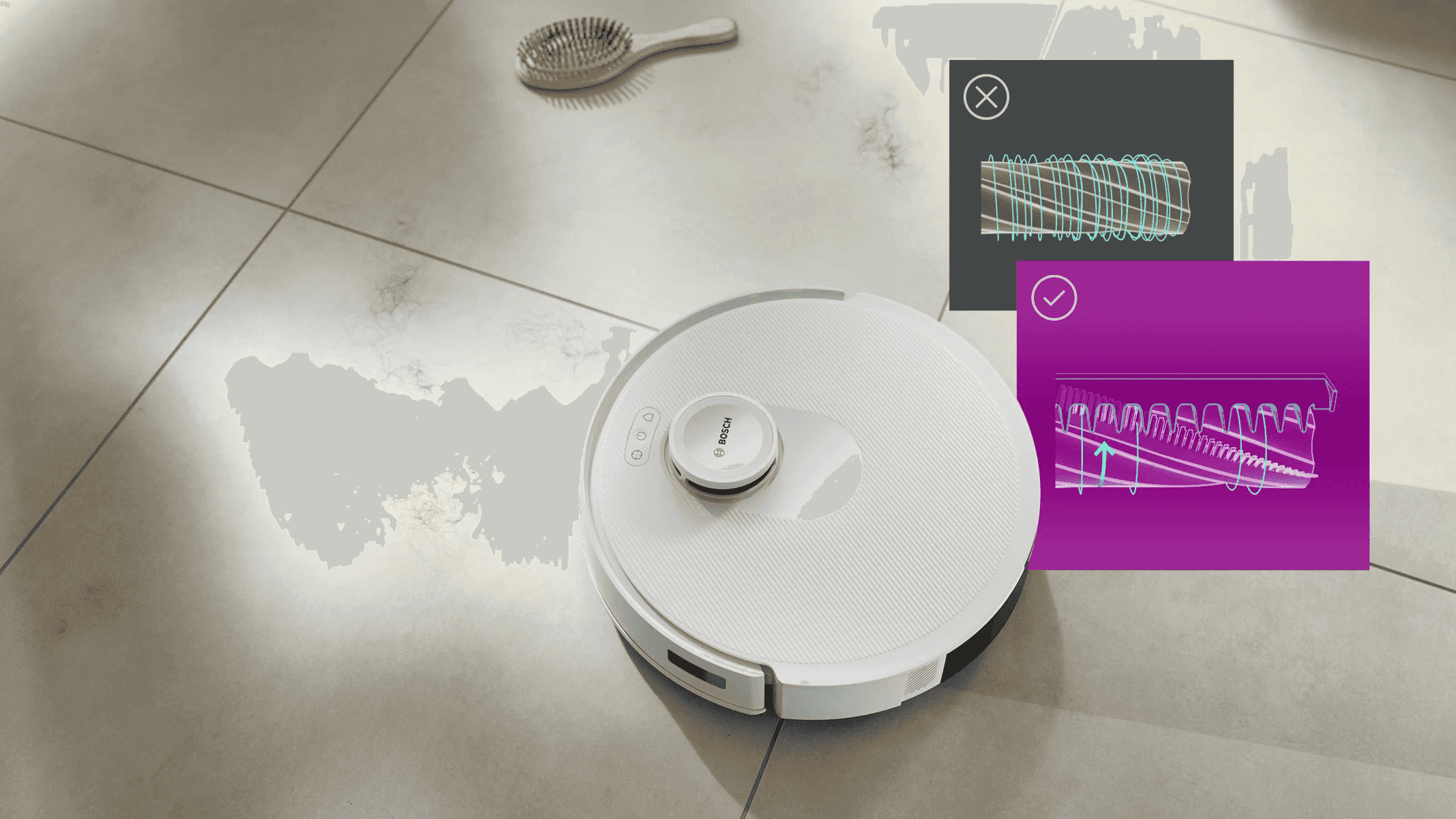 Un robot aspirador blanco en suelo de baldosas con gráficos comparativos de cepillos en el lateral.