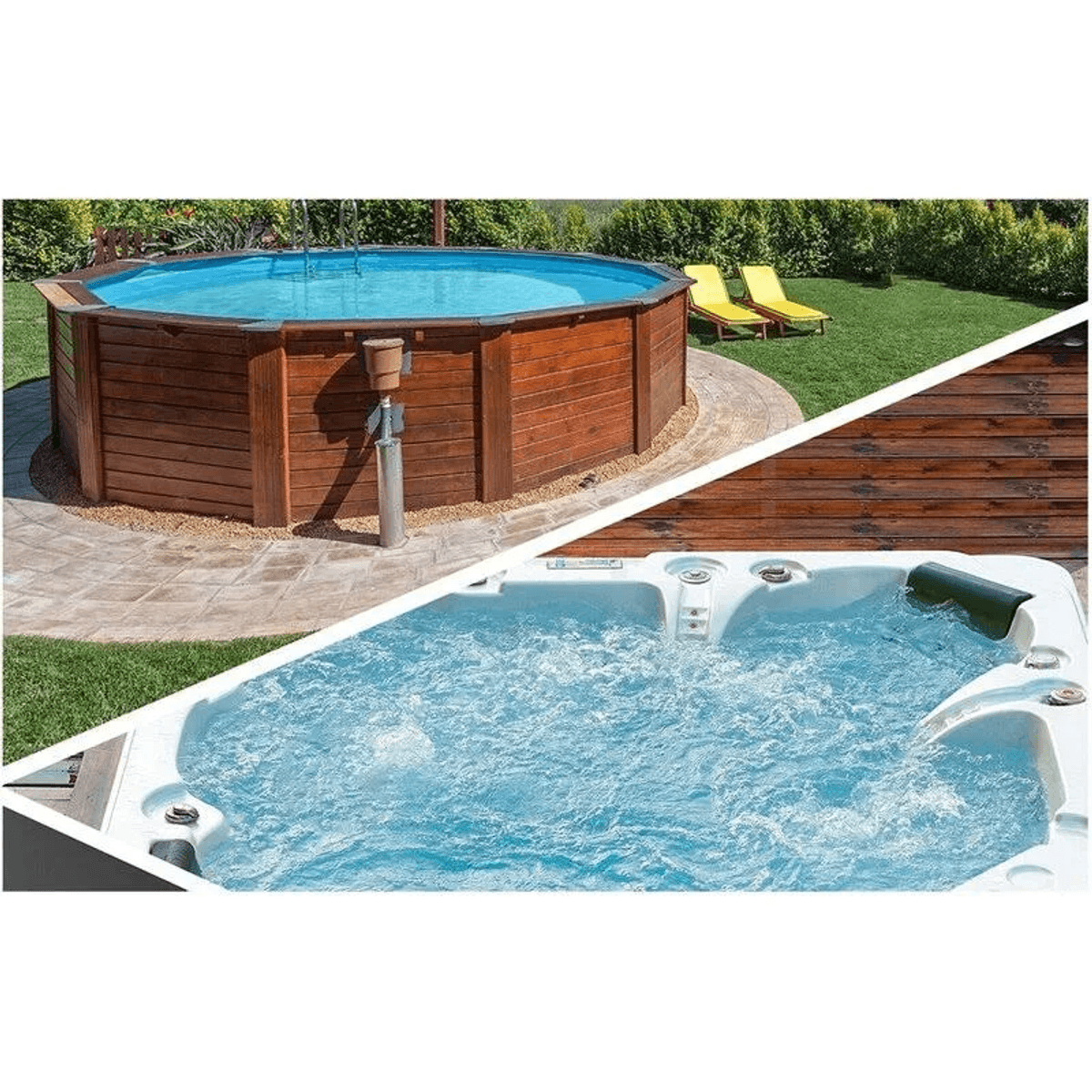 Una piscina fuori terra in legno in giardino e una vasca idromassaggio bianca con acqua frizzante.