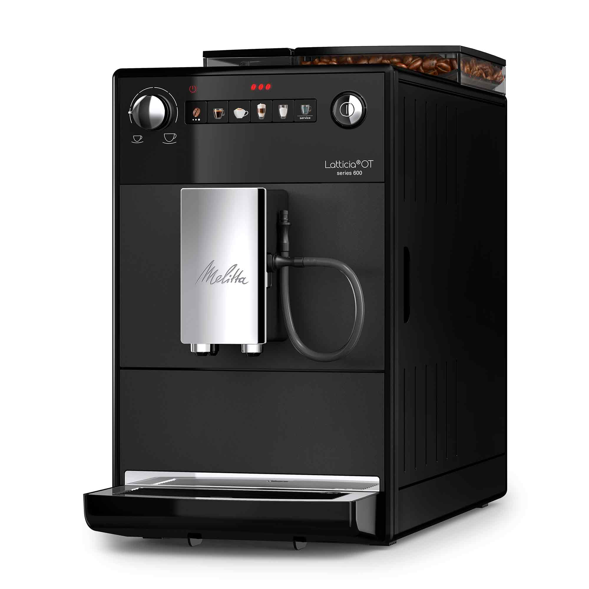 Macchina da caffè automatica nera Melitta Latticia OT con beccuccio cromato.