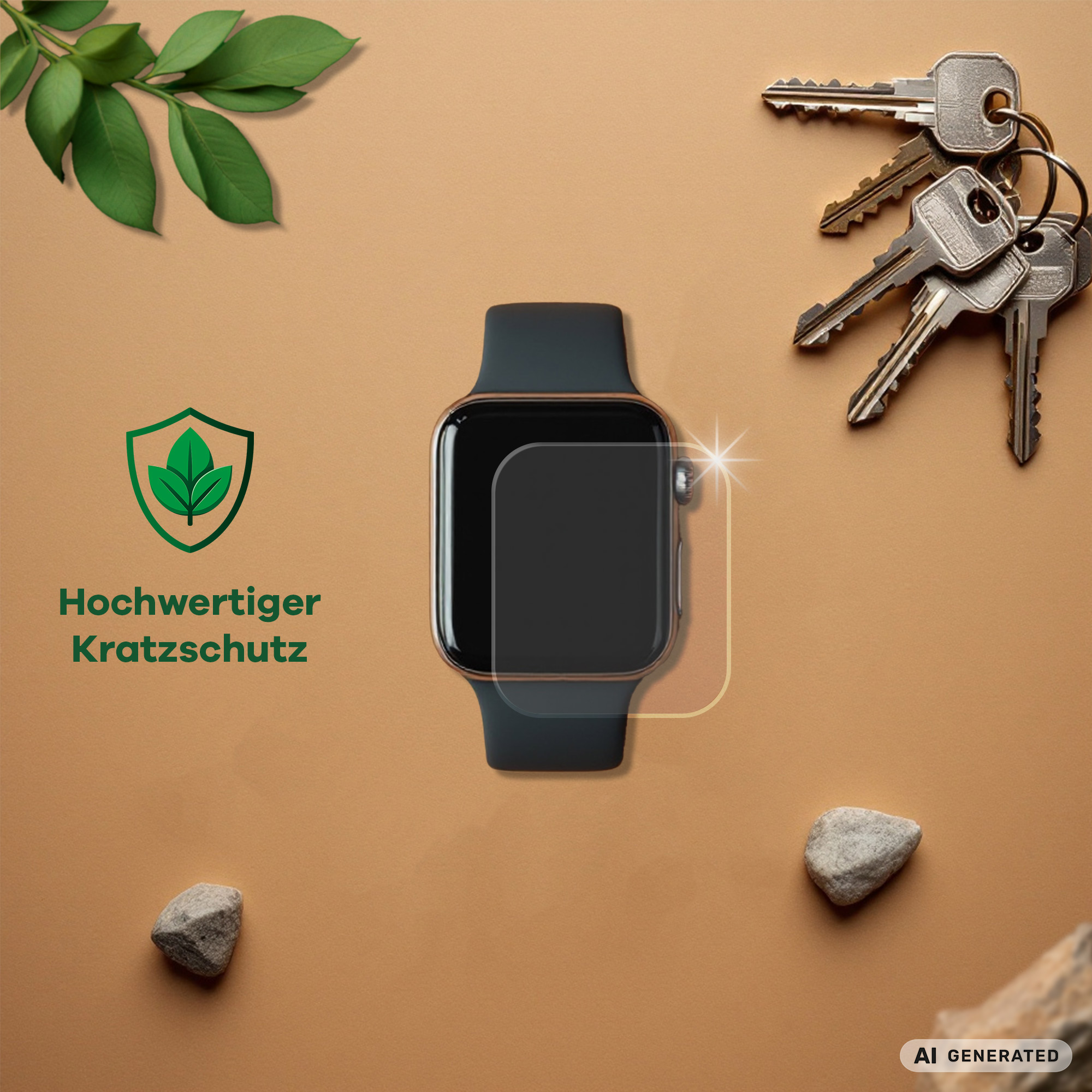 Smartwatch mit Displayschutzfolie, Schlüsseln und Steinen auf beigem Hintergrund.