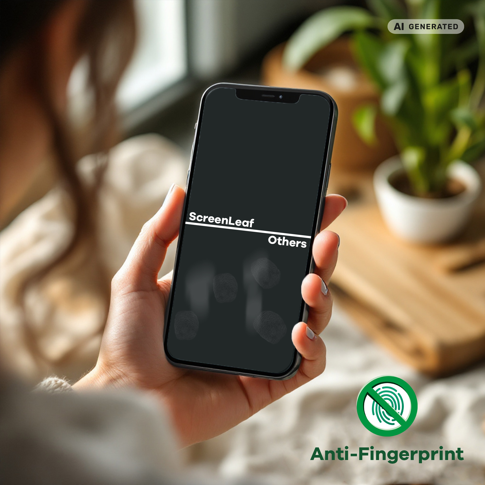 Eine Hand hält ein Smartphone mit geteiltem Bildschirm, das Anti-Fingerprint-Eigenschaften zeigt.