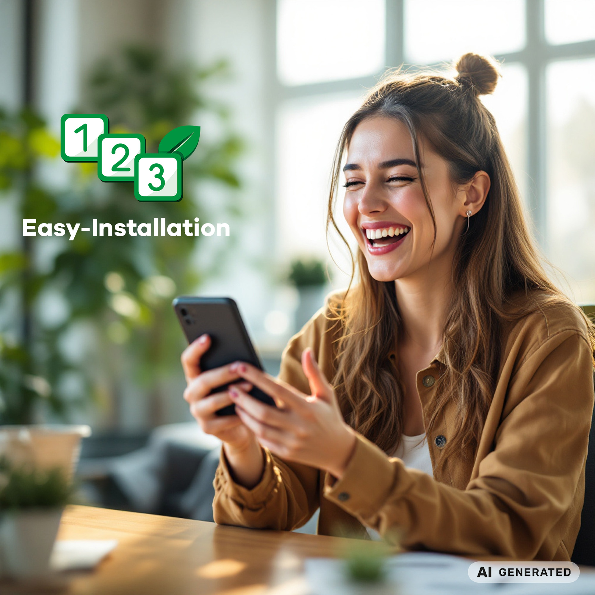 Glückliche Frau lächelt und hält ein Smartphone am Holztisch, im Hintergrund grüne Pflanzen.