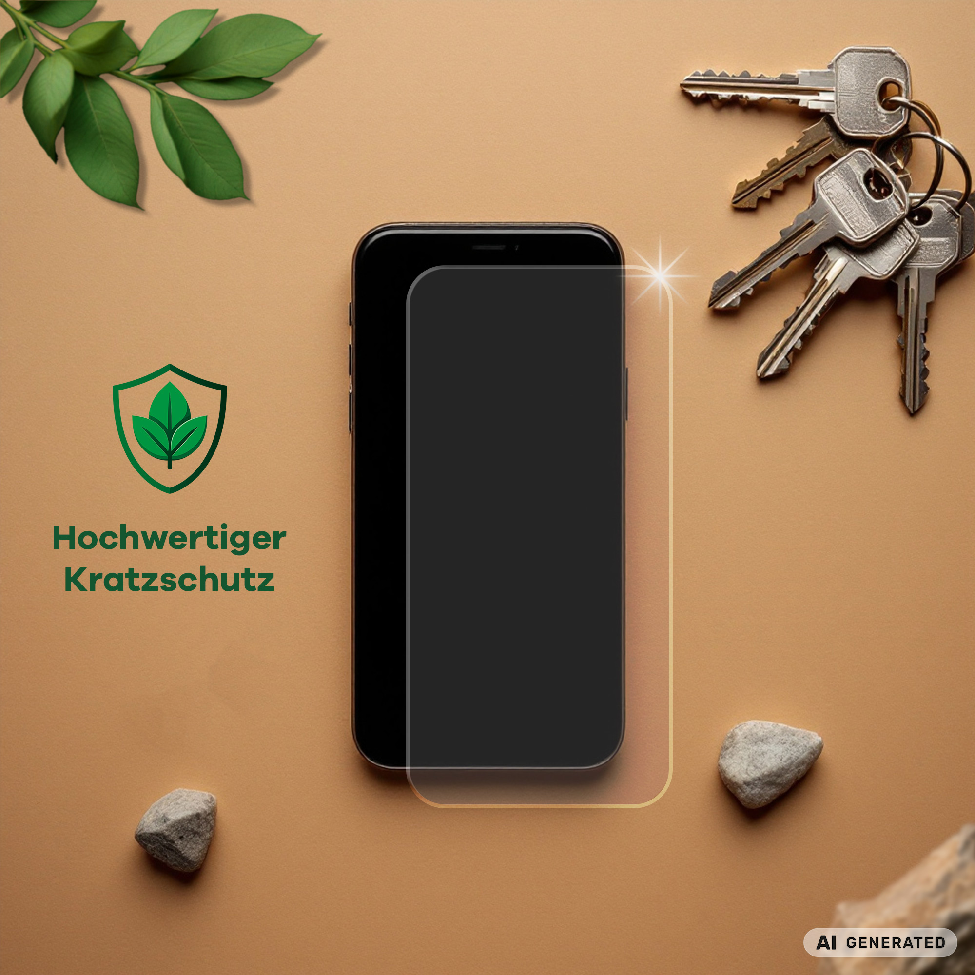 Smartphone mit Schutzglas, umgeben von Schlüsseln und Steinen auf beigem Hintergrund.