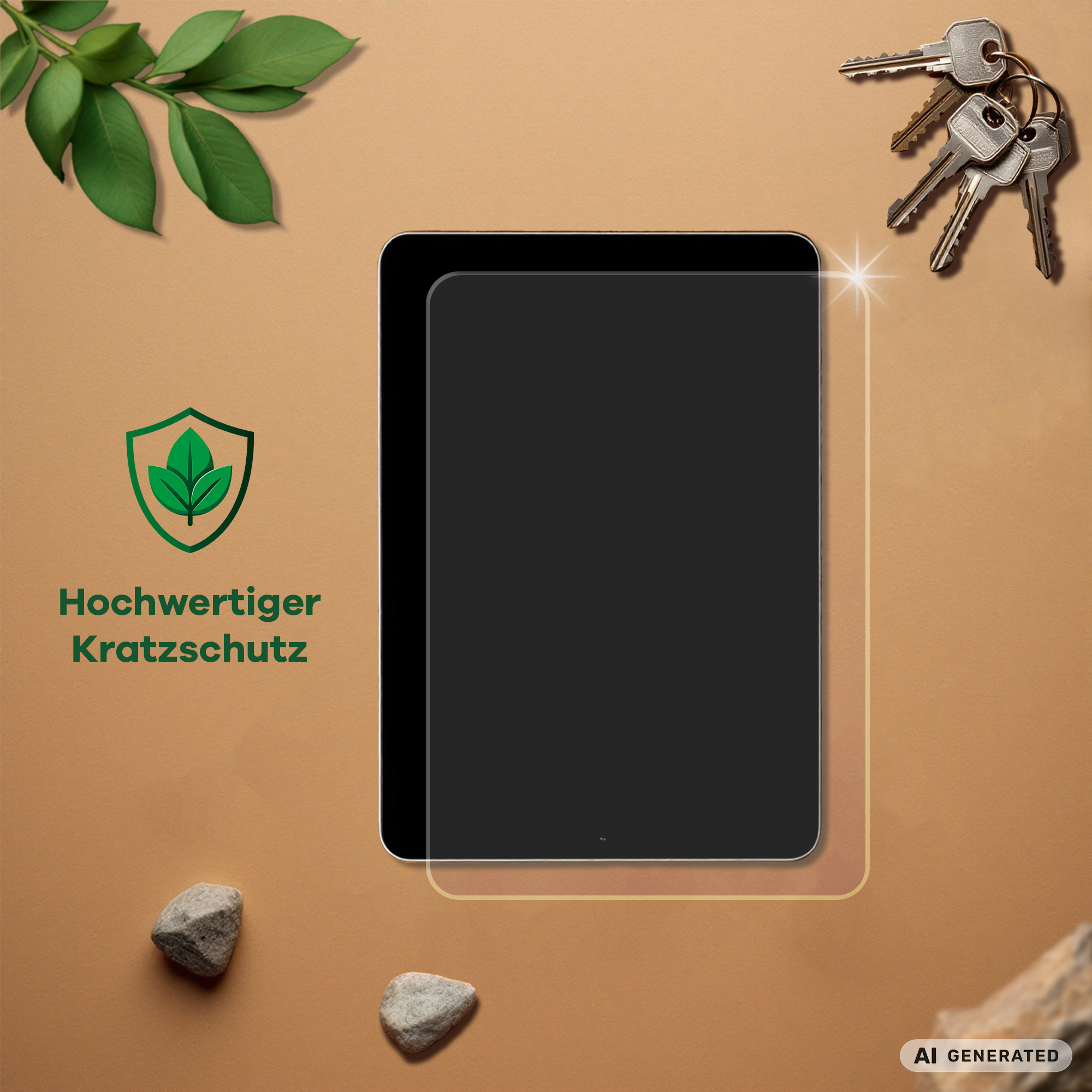 Tablet mit Schutzglas, Schlüsseln, grünen Blättern und Steinen auf beigem Grund.