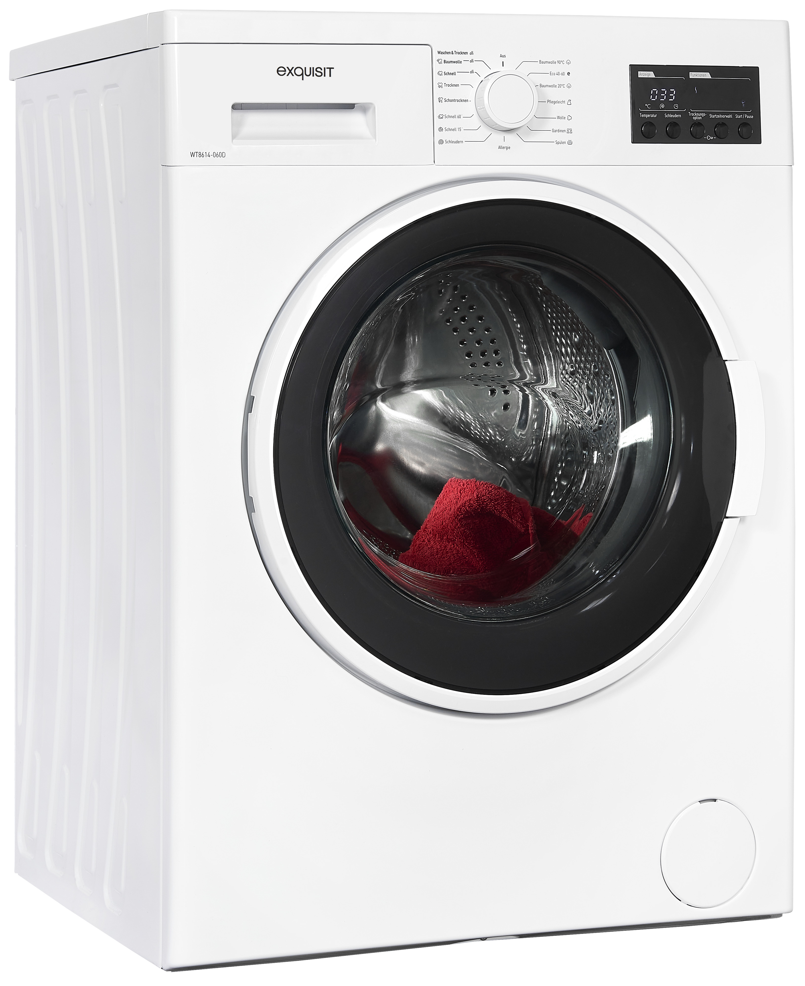 Eine weiße Exquisit-Waschmaschine mit einem roten Handtuch in der Trommel.